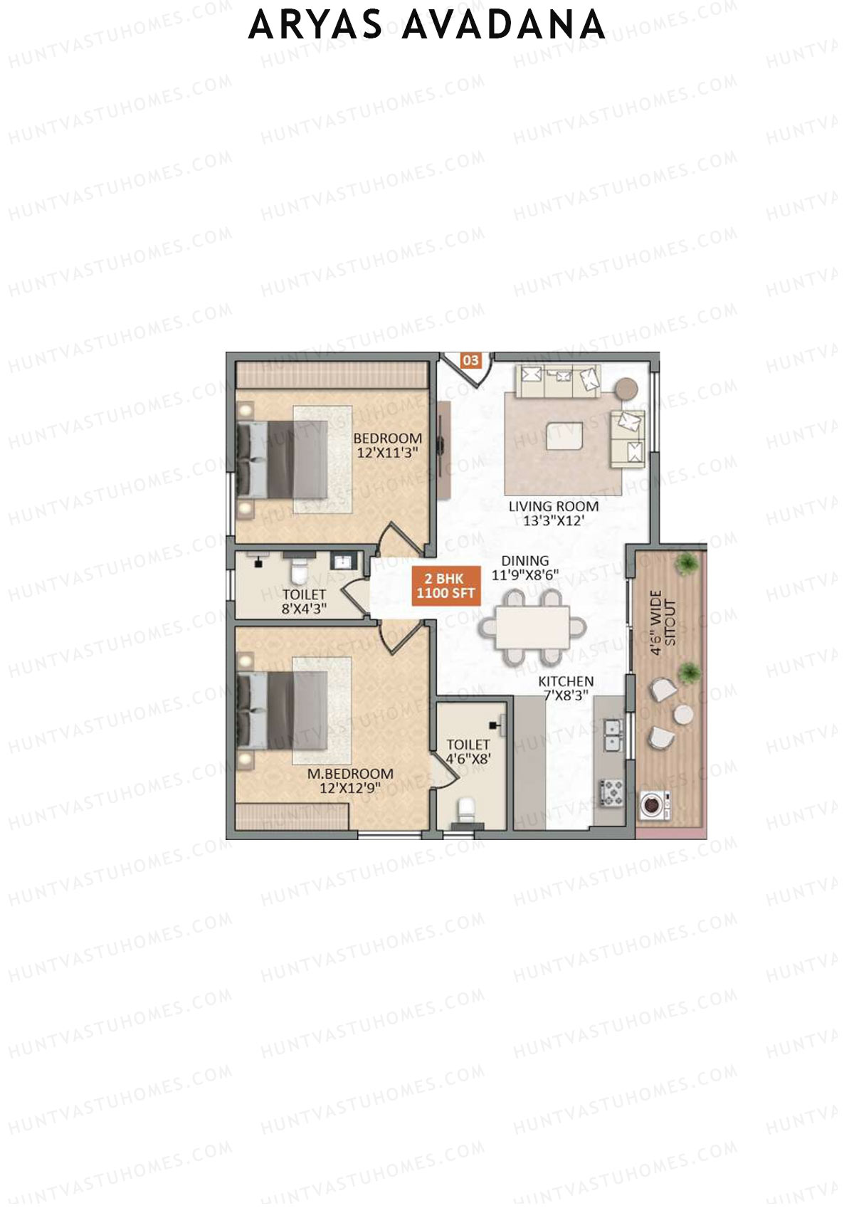 Aryas Avadana, Block A, Unit 3, 2BHK, Super Area 1100   sq ft 