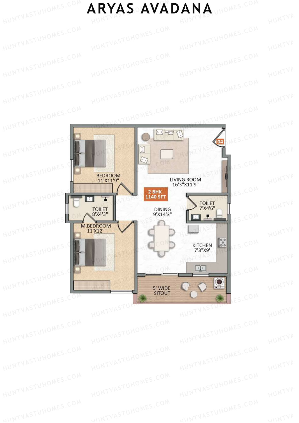 Aryas Avadana, Block A, Unit 4, 2BHK, Super Area 1140   sq ft 