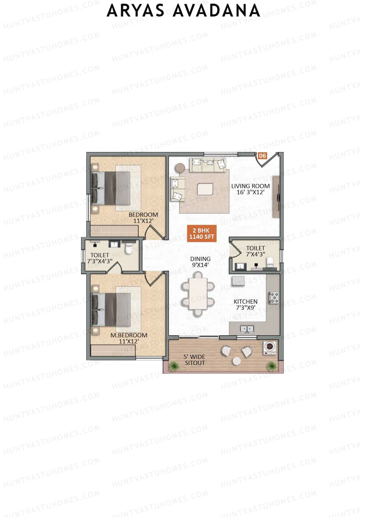 Aryas Avadana, Block A, Unit 6, 2BHK, Super Area 1140   sq ft 
