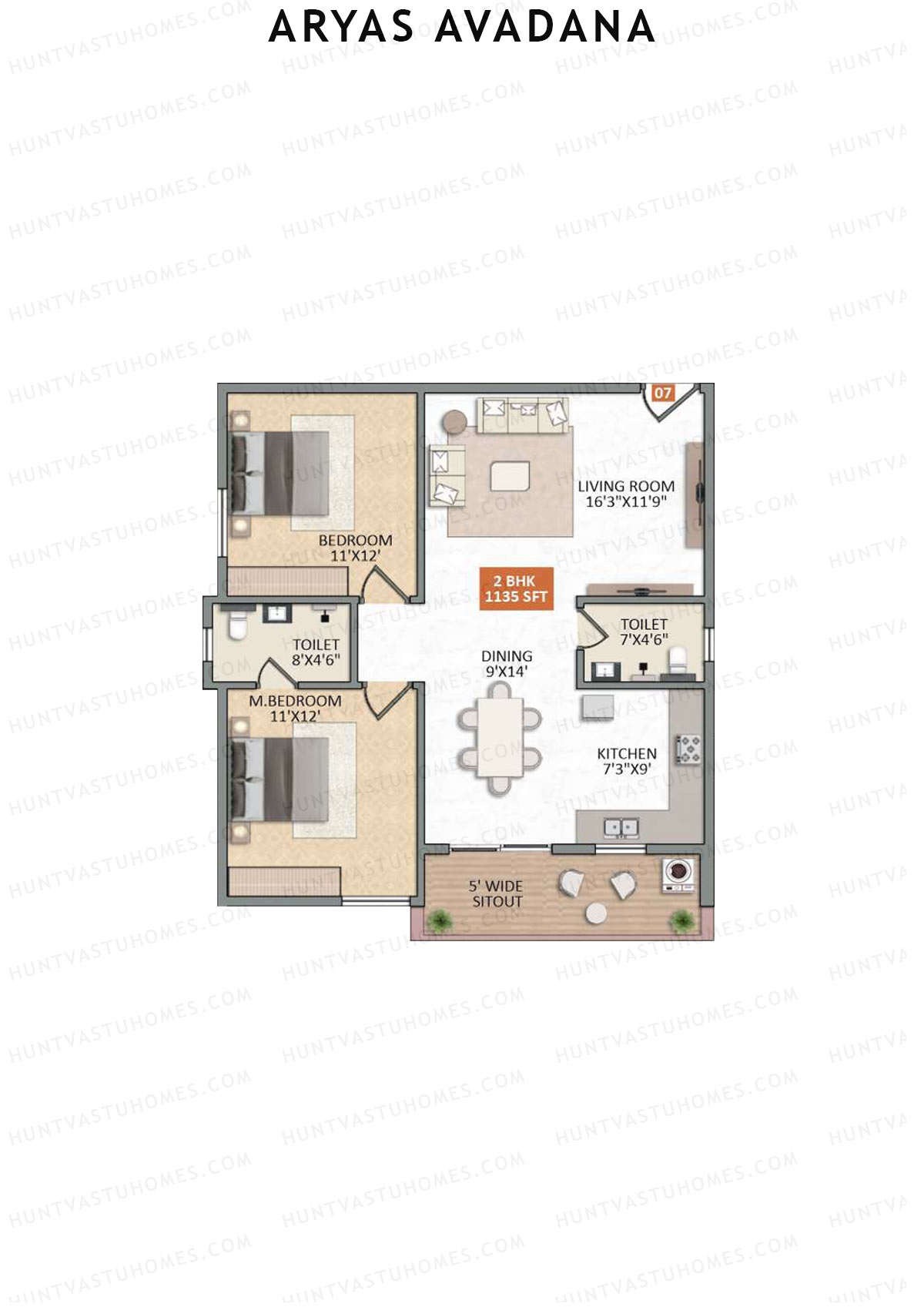 Aryas Avadana, Block A, Unit 7, 2BHK, Super Area 1135   sq ft 