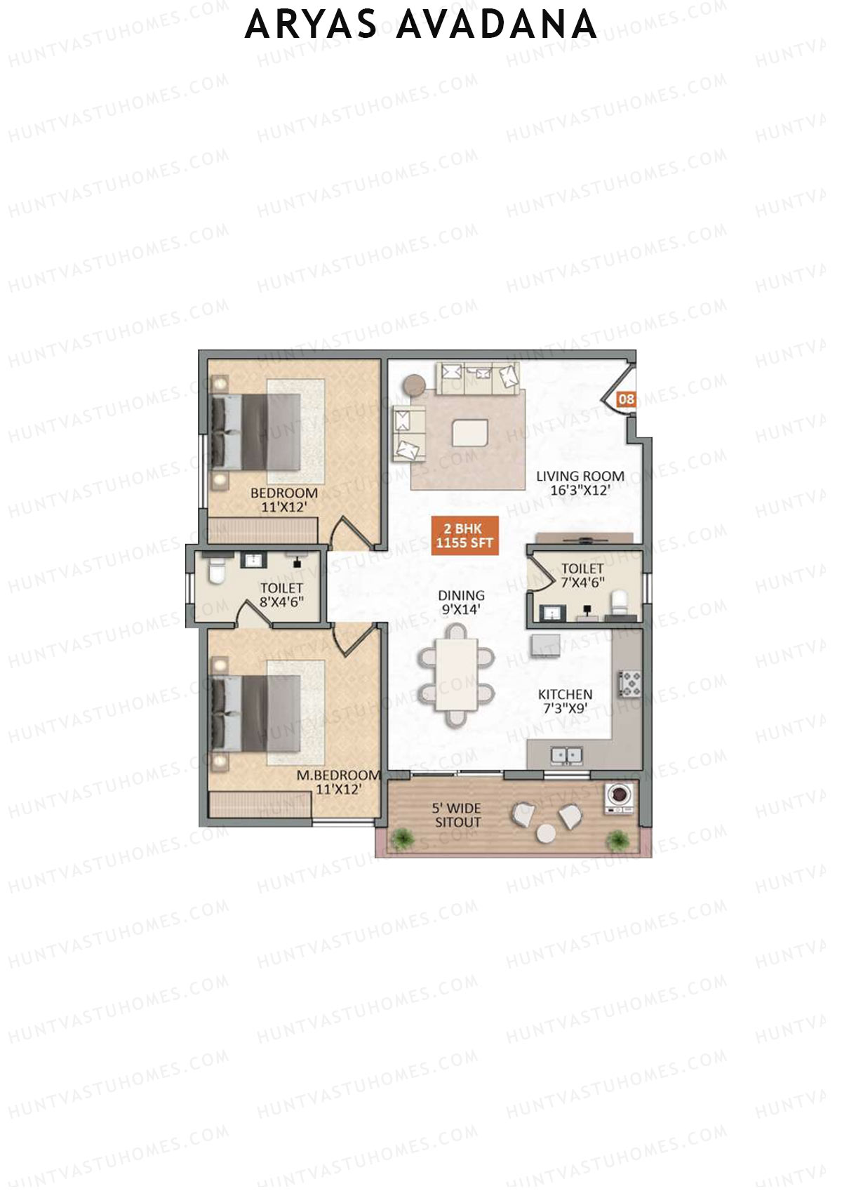 Aryas Avadana, Block A, Unit 8, 2BHK, Super Area 1155   sq ft 