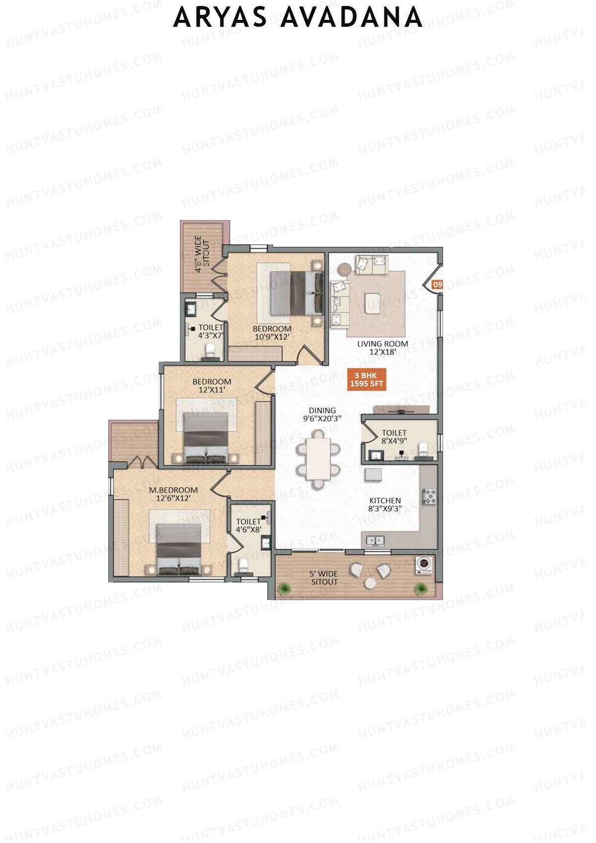 Aryas Avadana, Block A, Unit 9, 3BHK, Super Area 1595   sq ft 
