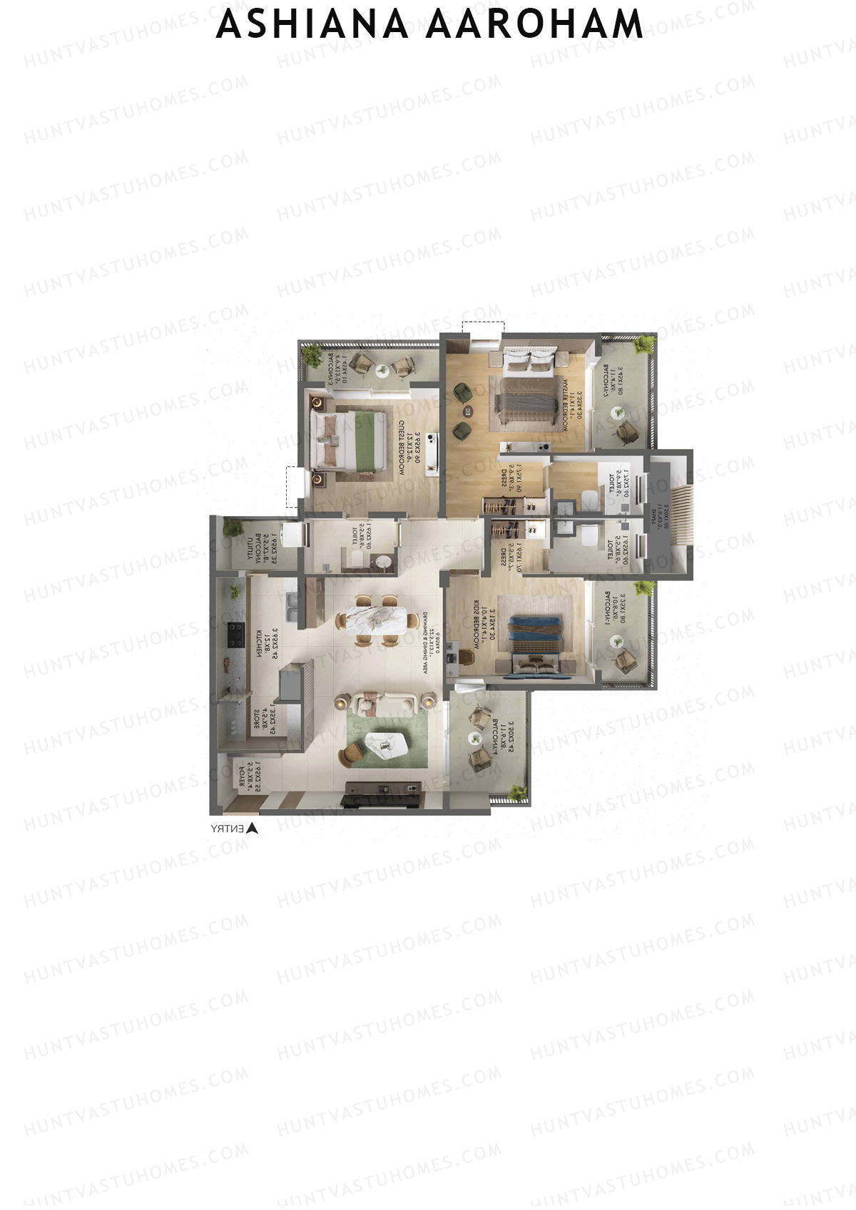 Ashiana Aaroham, Tower 1, Unit 2, 3BHK, Carpet Area 1259   sq ft 