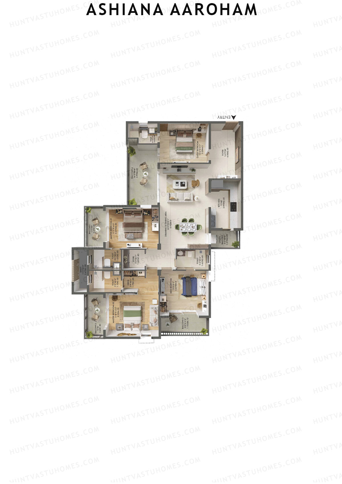 Ashiana Aaroham, Tower 1, Unit 3, 4BHK, Carpet Area 1521   sq ft 