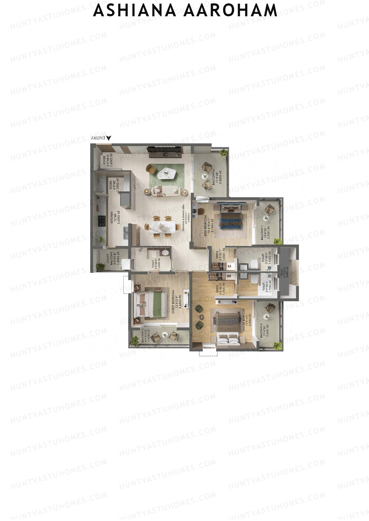 Ashiana Aaroham, Tower 1, Unit 4, 3BHK, Carpet Area 1259   sq ft 
