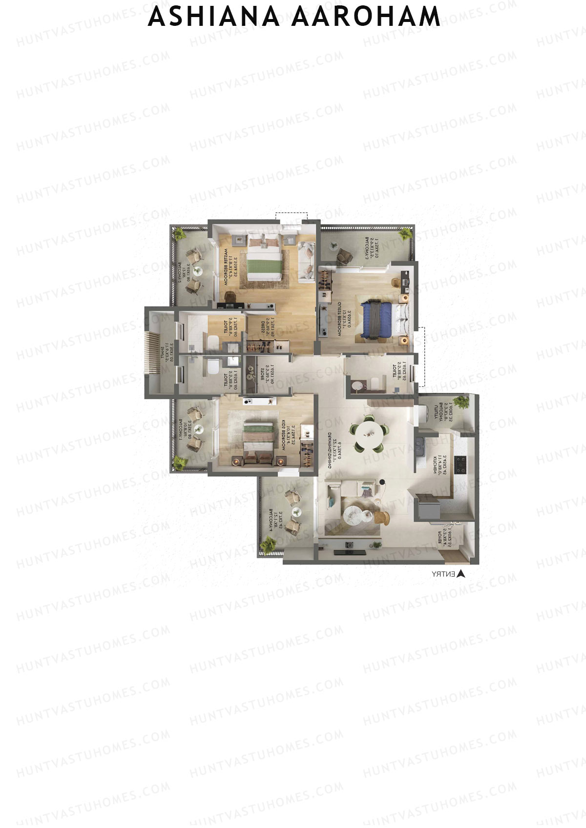 Ashiana Aaroham, Tower 2, Unit 5, 3BHK, Carpet Area 1223   sq ft 