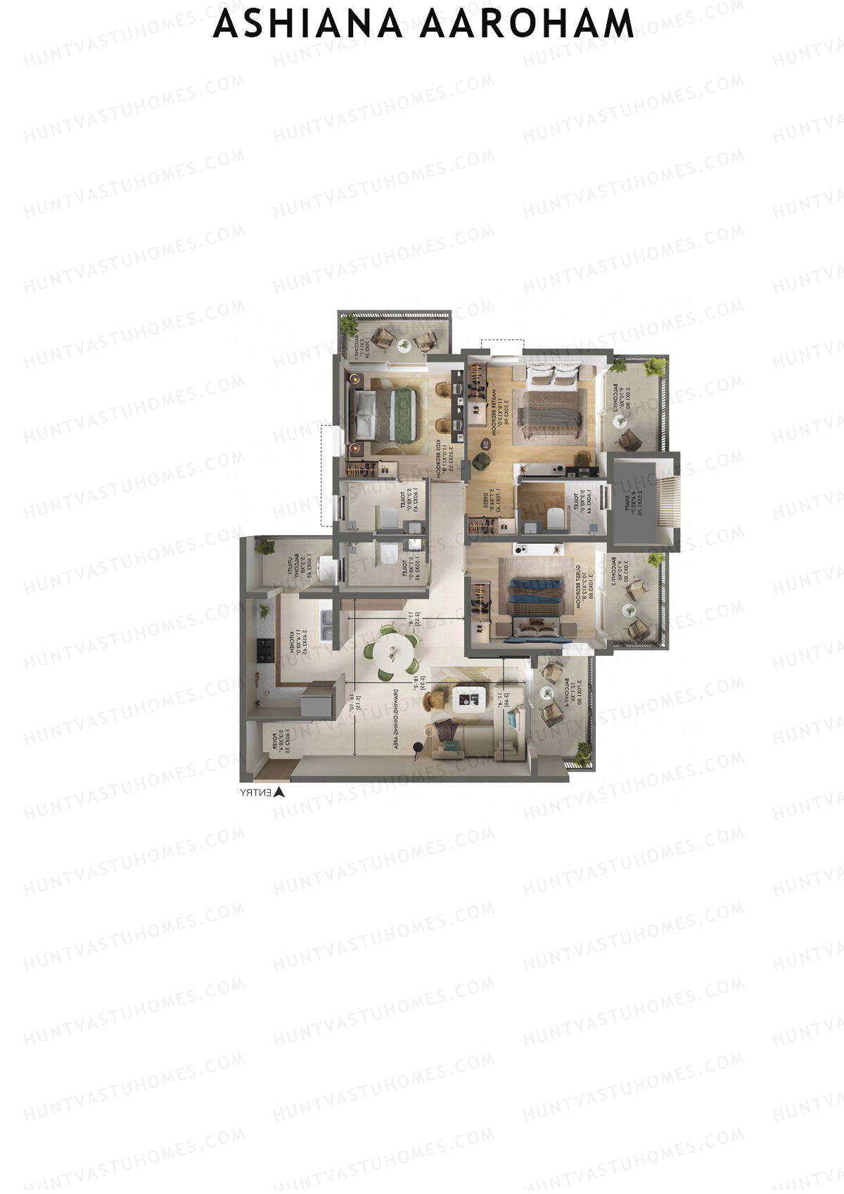 Ashiana Aaroham, Tower 2, Unit 6, 3BHK, Carpet Area 1057   sq ft 