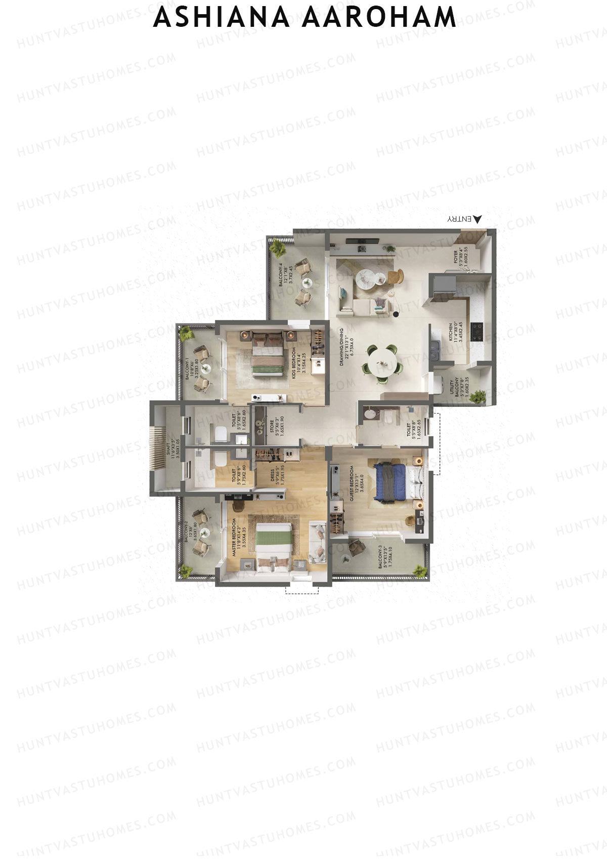 Ashiana Aaroham, Tower 2, Unit 7, 3BHK, Carpet Area 1223   sq ft 