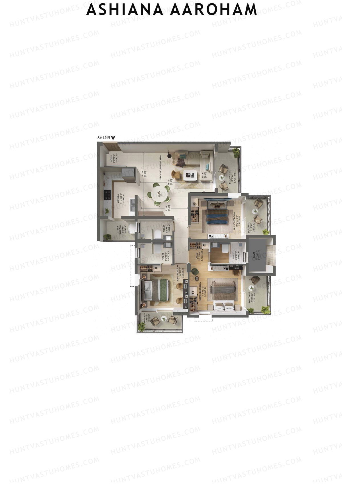 Ashiana Aaroham, Tower 2, Unit 8, 3BHK, Carpet Area 1057   sq ft 