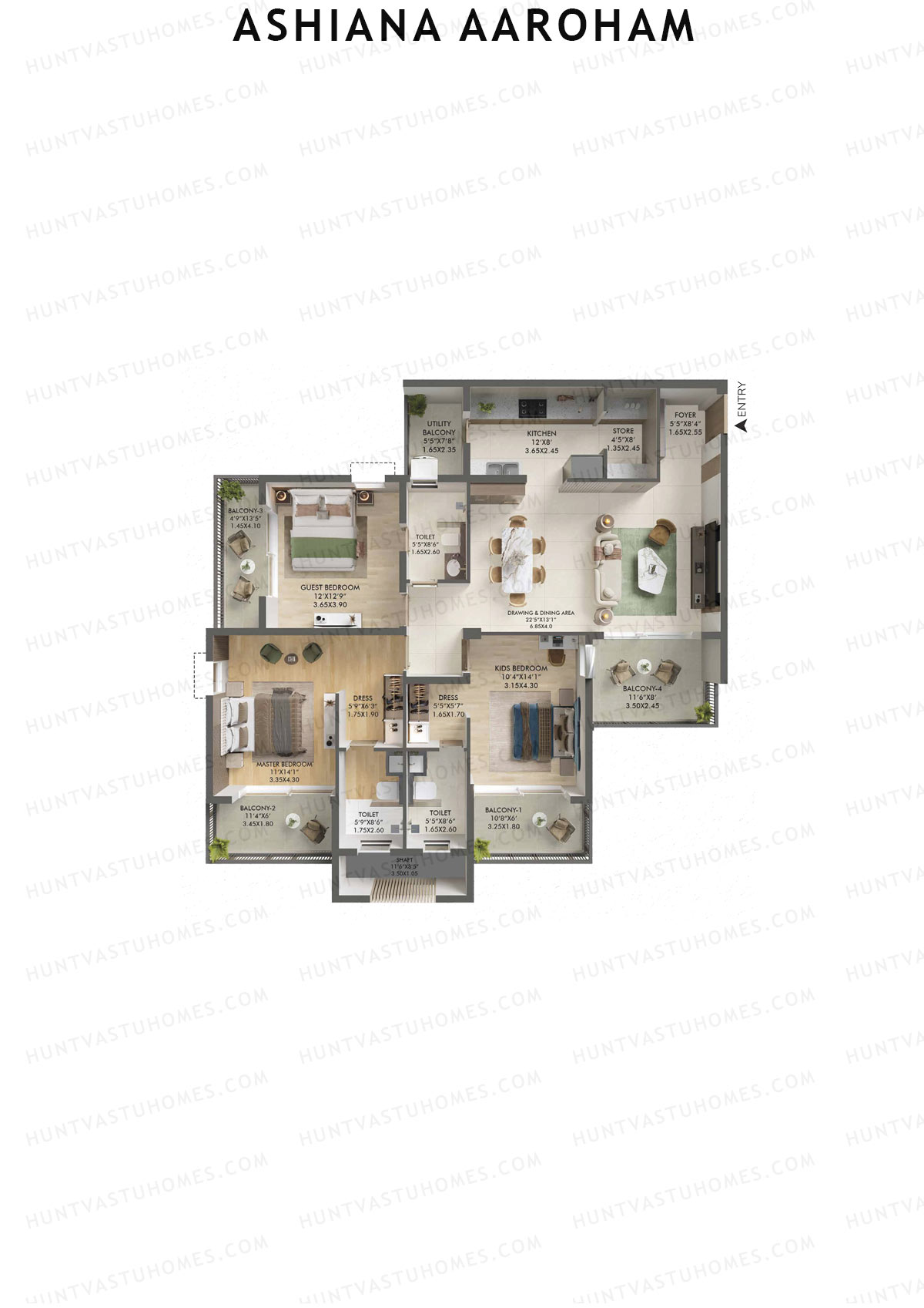 Ashiana Aaroham, Tower 3, Unit 12, 3BHK, Carpet Area 1259   sq ft 