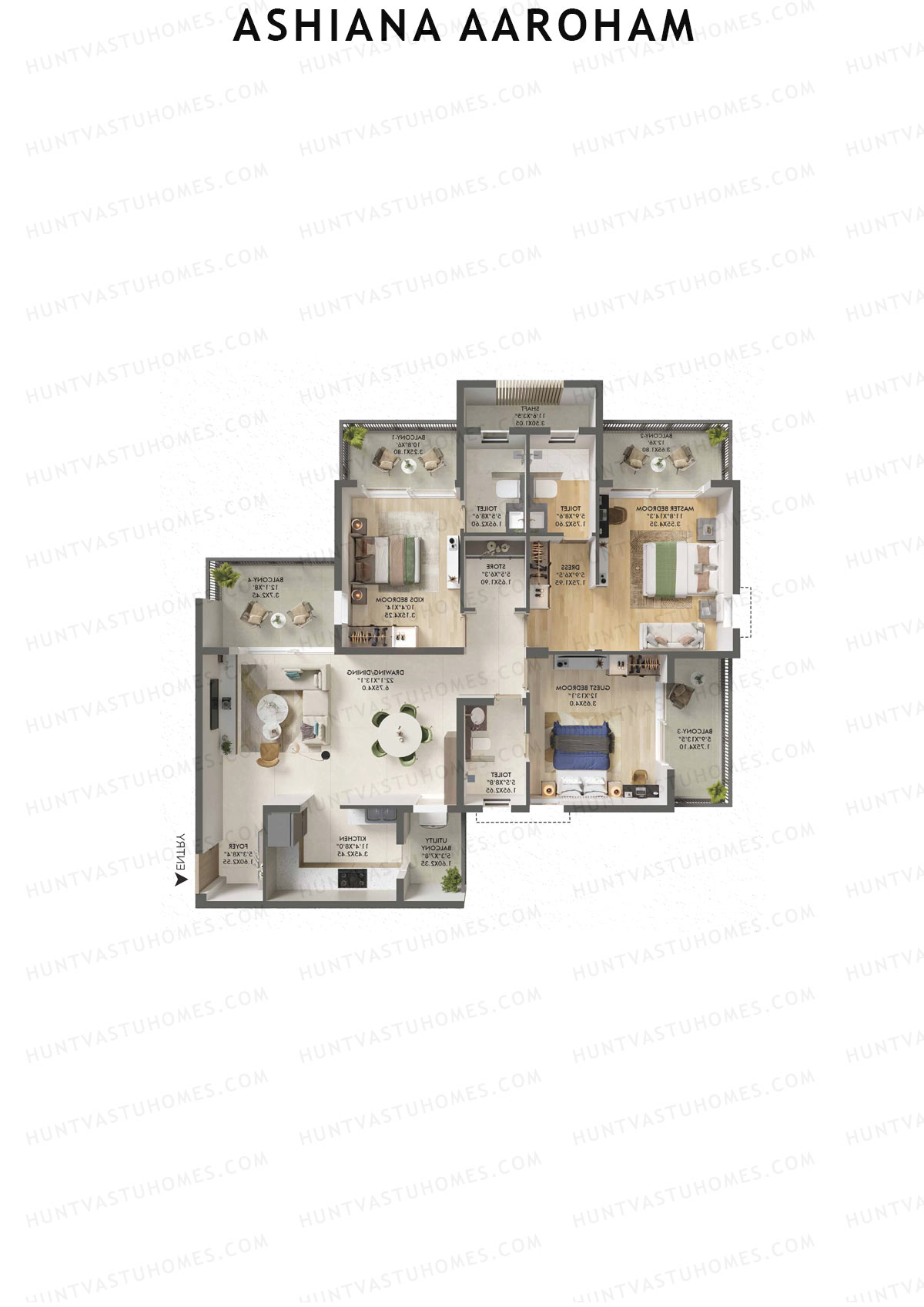 Ashiana Aaroham, Tower 4, Unit 13, 3BHK, Carpet Area 1223   sq ft 