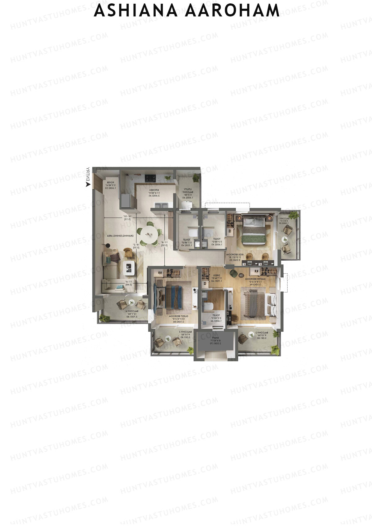 Ashiana Aaroham, Tower 4, Unit 14, 3BHK, Carpet Area 1057   sq ft 