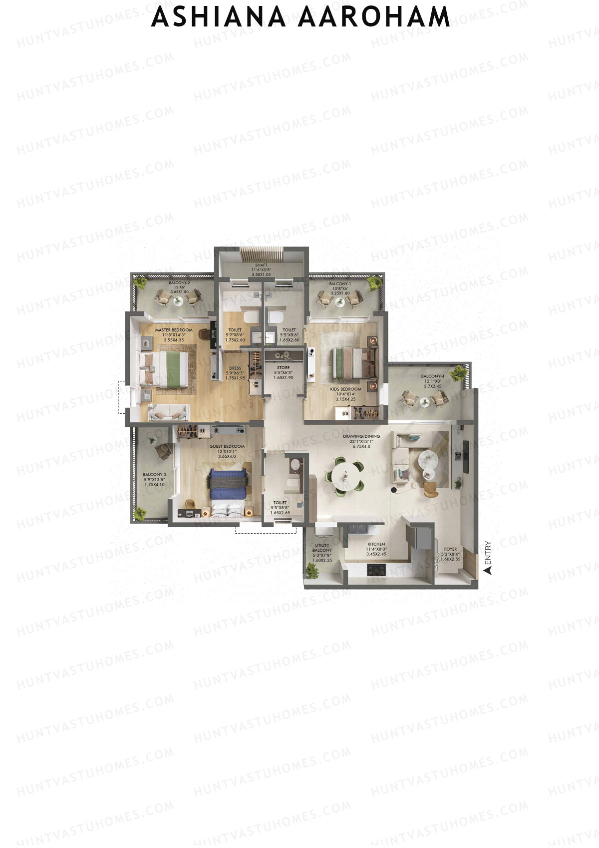 Ashiana Aaroham, Tower 4, Unit 15, 3BHK, Carpet Area 1223   sq ft 