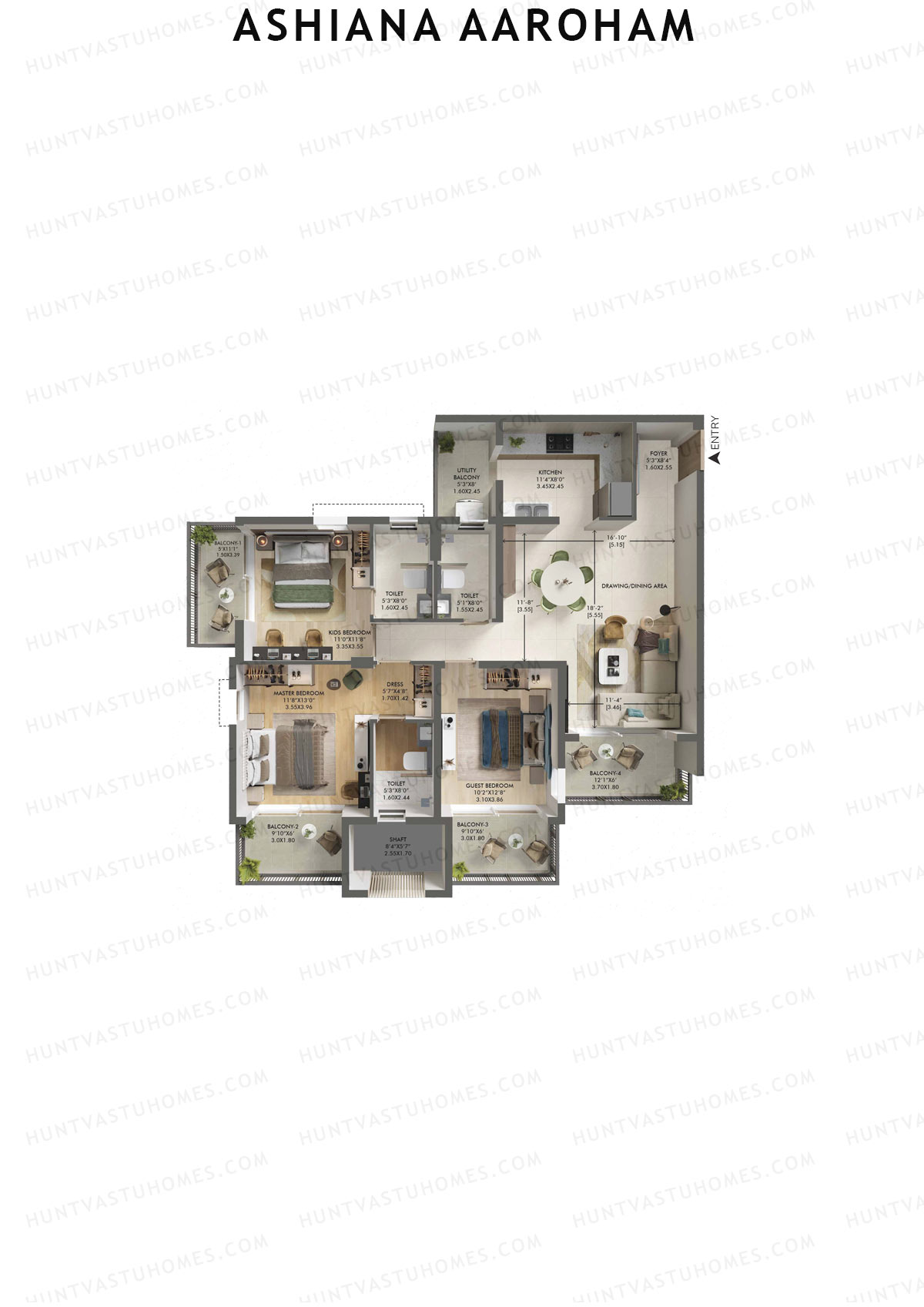 Ashiana Aaroham, Tower 4, Unit 16, 3BHK, Carpet Area 1057   sq ft 