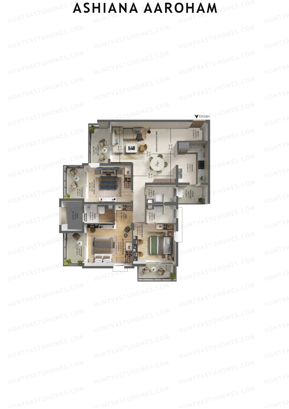 Ashiana Aaroham, Tower 5, Unit 18, 3BHK, Carpet Area 1057   sq ft 