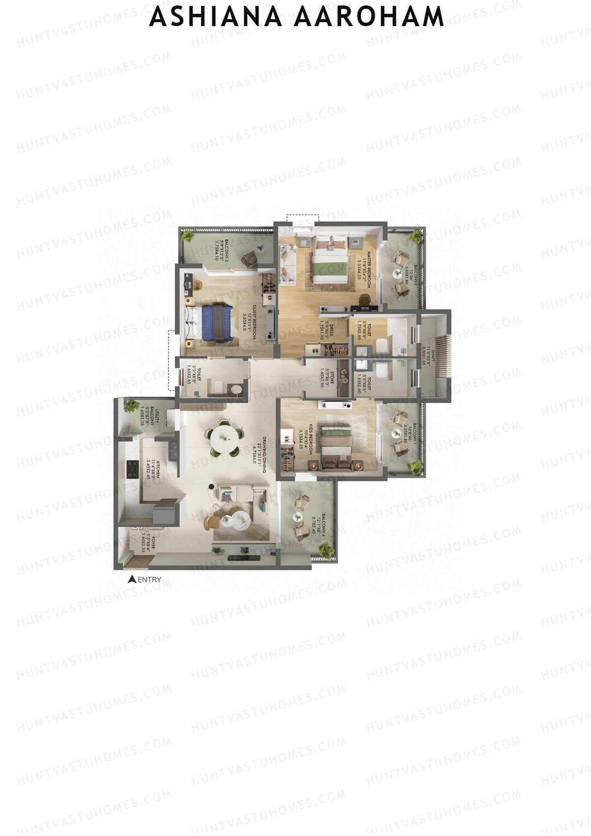 Ashiana Aaroham, Tower 5, Unit 19, 3BHK, Carpet Area 1223   sq ft 