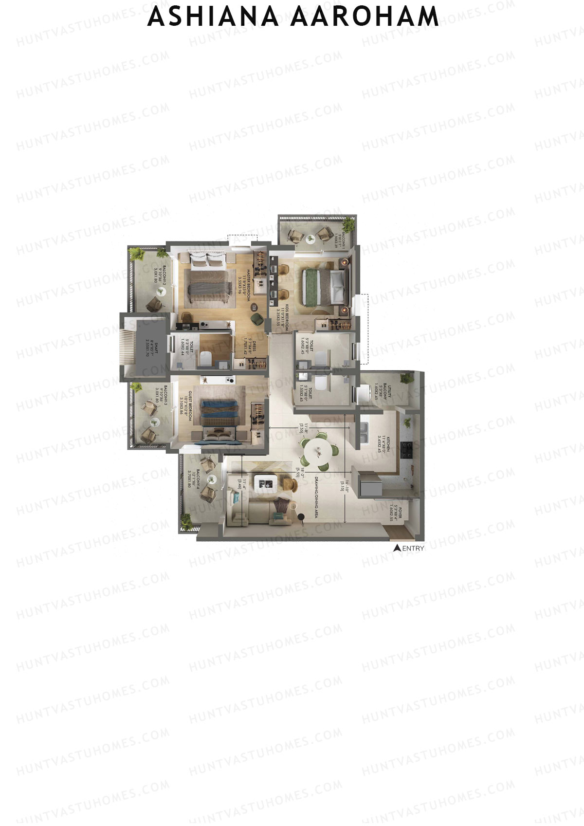 Ashiana Aaroham, Tower 5, Unit 20, 3BHK, Carpet Area 1057   sq ft 