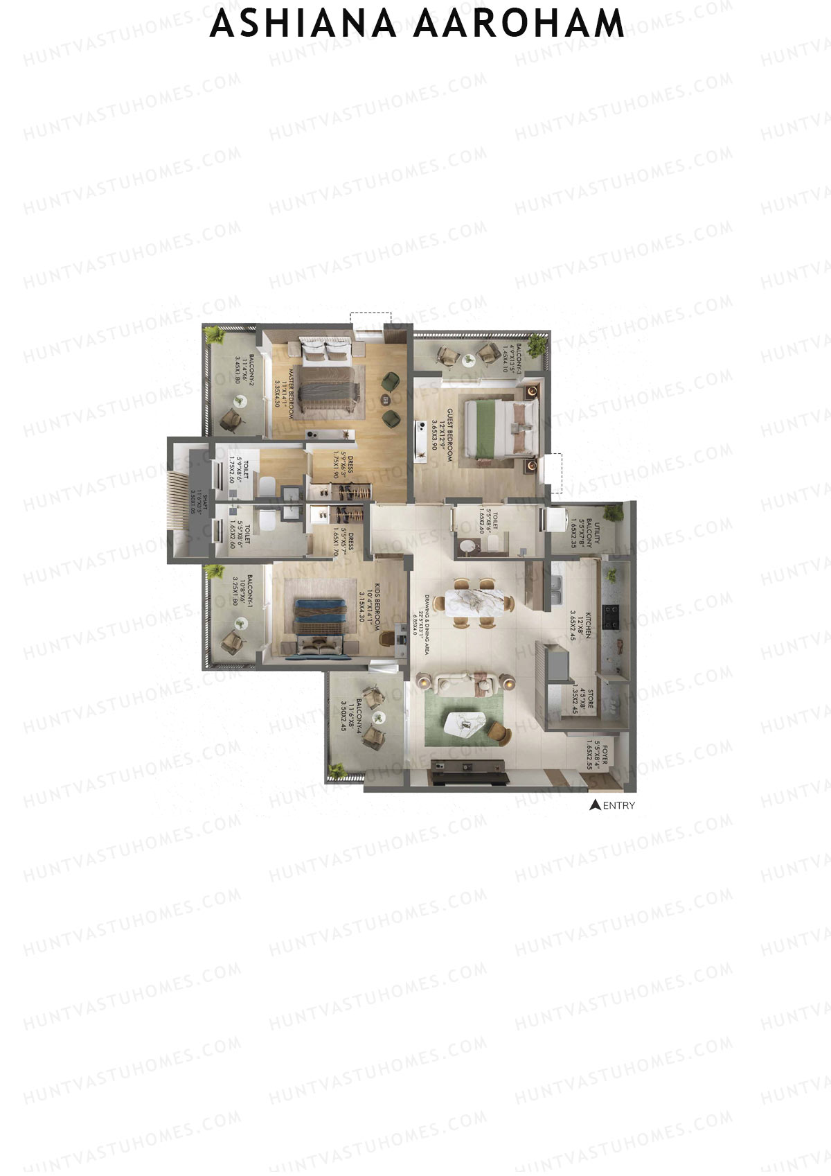 Ashiana Aaroham, Tower 6, Unit 24, 3BHK, Carpet Area 1259   sq ft 