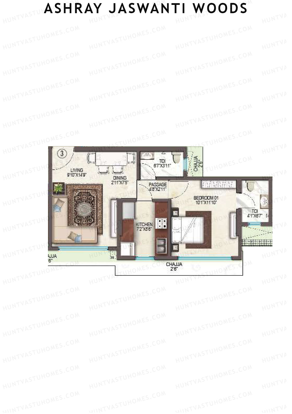 Ashray Jaswanti Woods Wing B Unit 3 (Type 1) Floor Plan