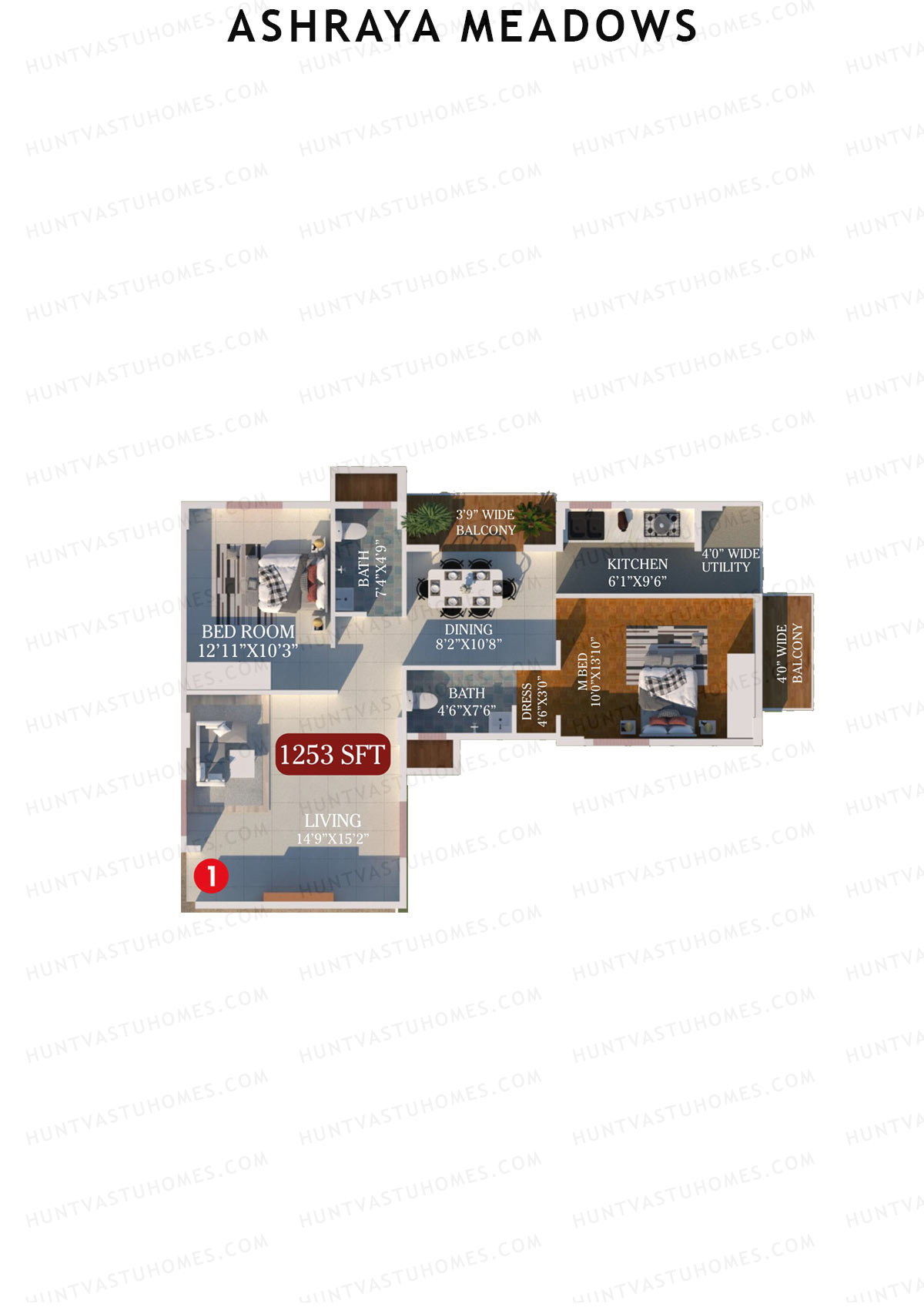 Ashraya Meadows, Block A, Unit 1, 2BHK, Super Area 1253   sq ft 