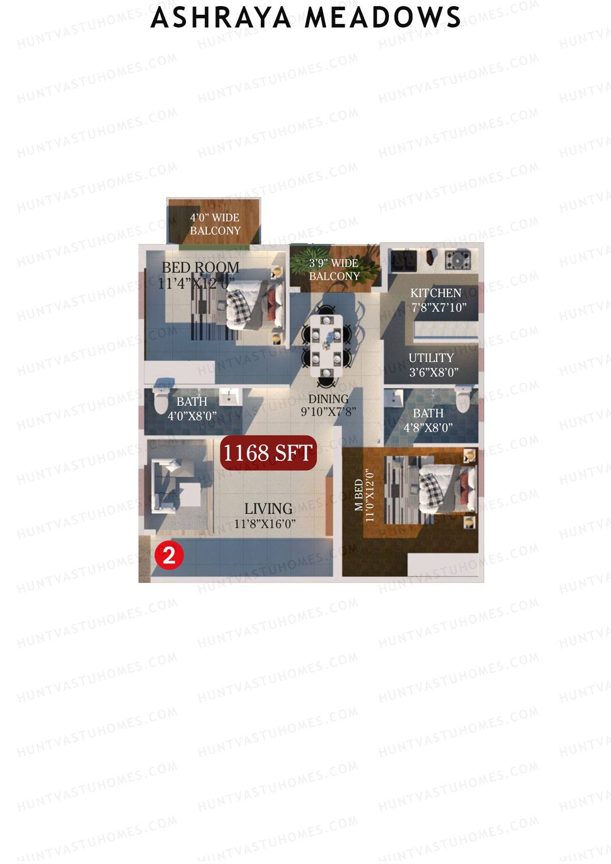 Ashraya Meadows, Block A, Unit 2, 2BHK, Super Area 1168   sq ft 