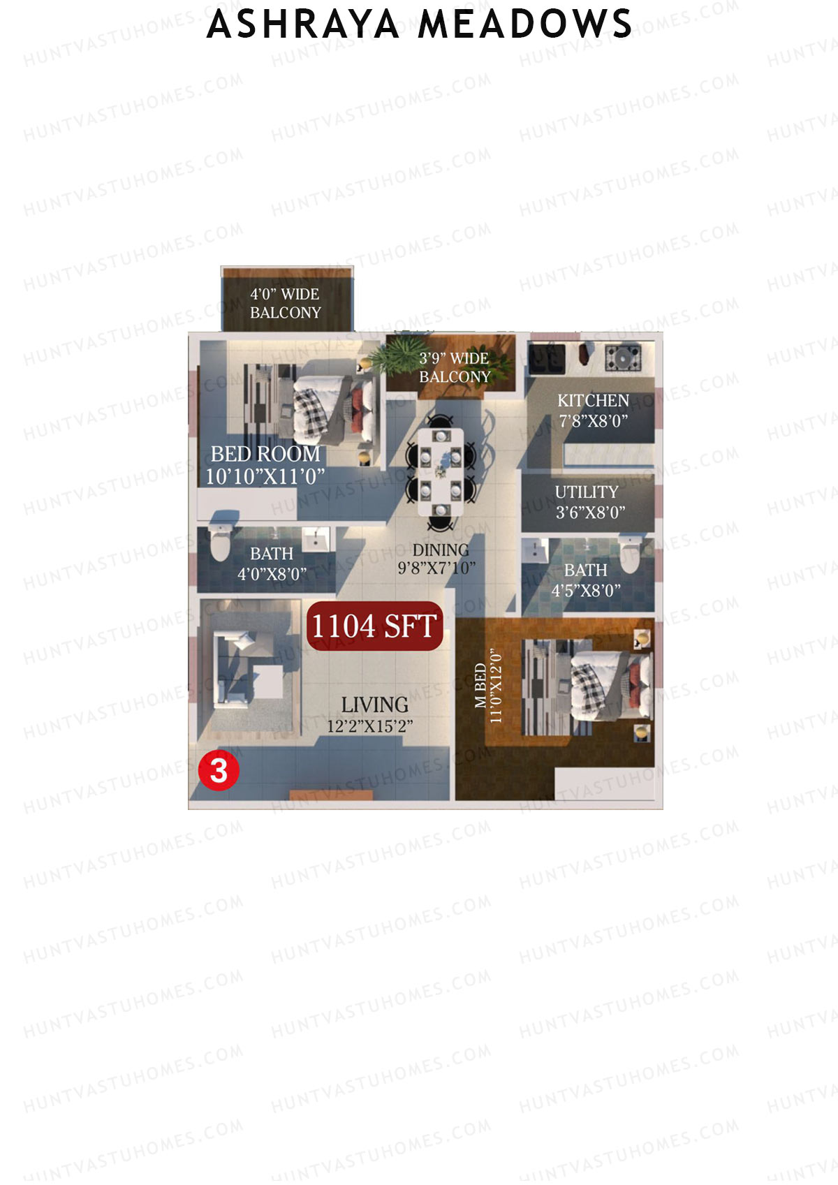 Ashraya Meadows, Block A, Unit 3, 2BHK, Super Area 1104   sq ft 