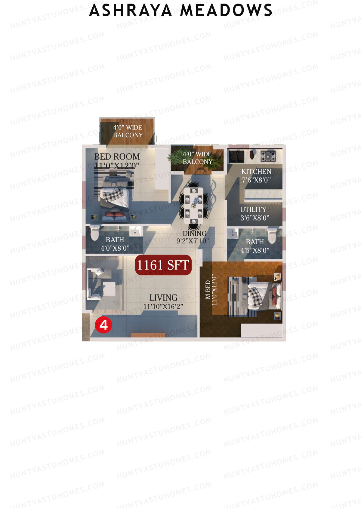 Ashraya Meadows, Block A, Unit 4, 2BHK, Super Area 1161   sq ft 