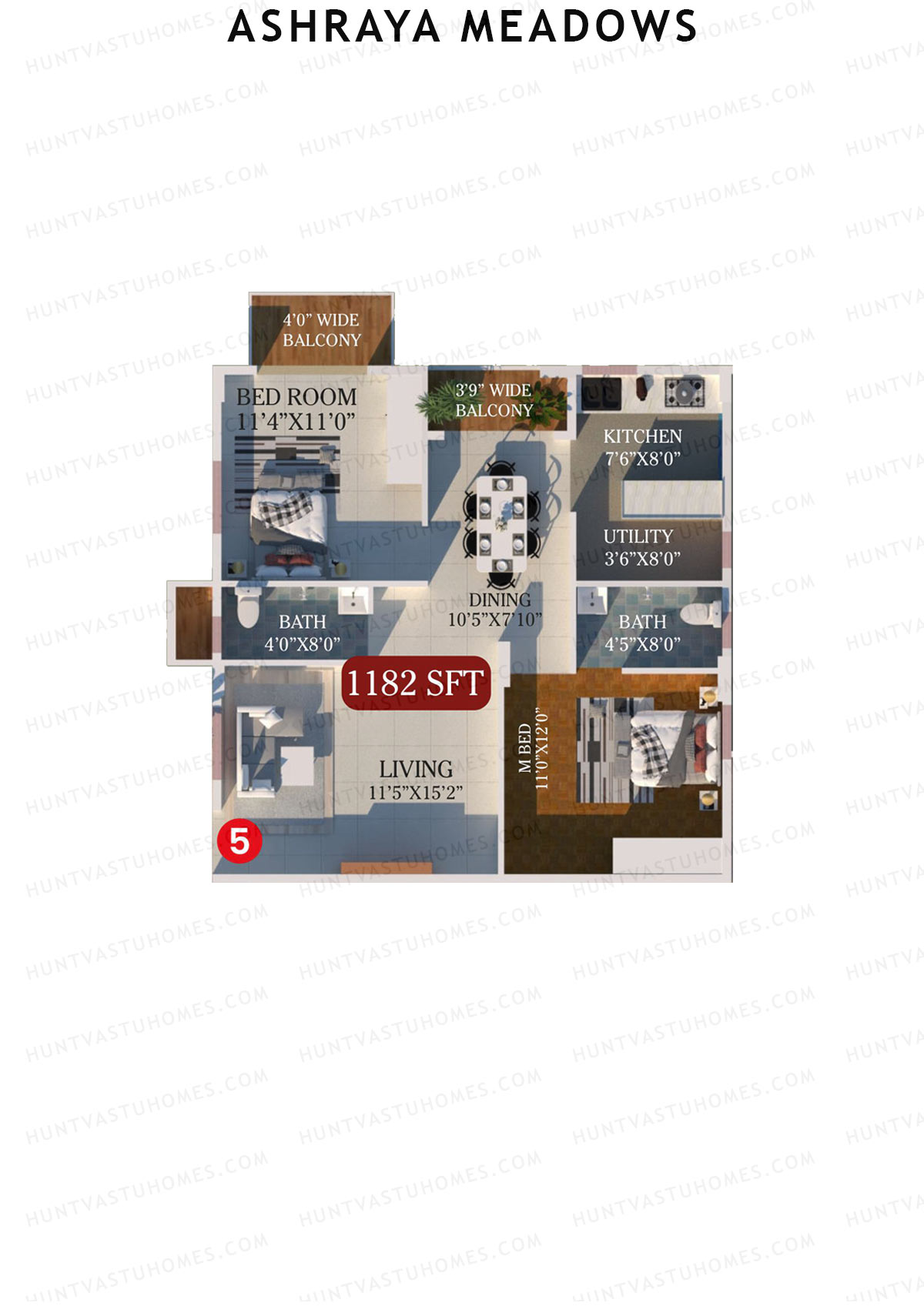 Ashraya Meadows, Block A, Unit 5, 2BHK, Super Area 1182   sq ft 