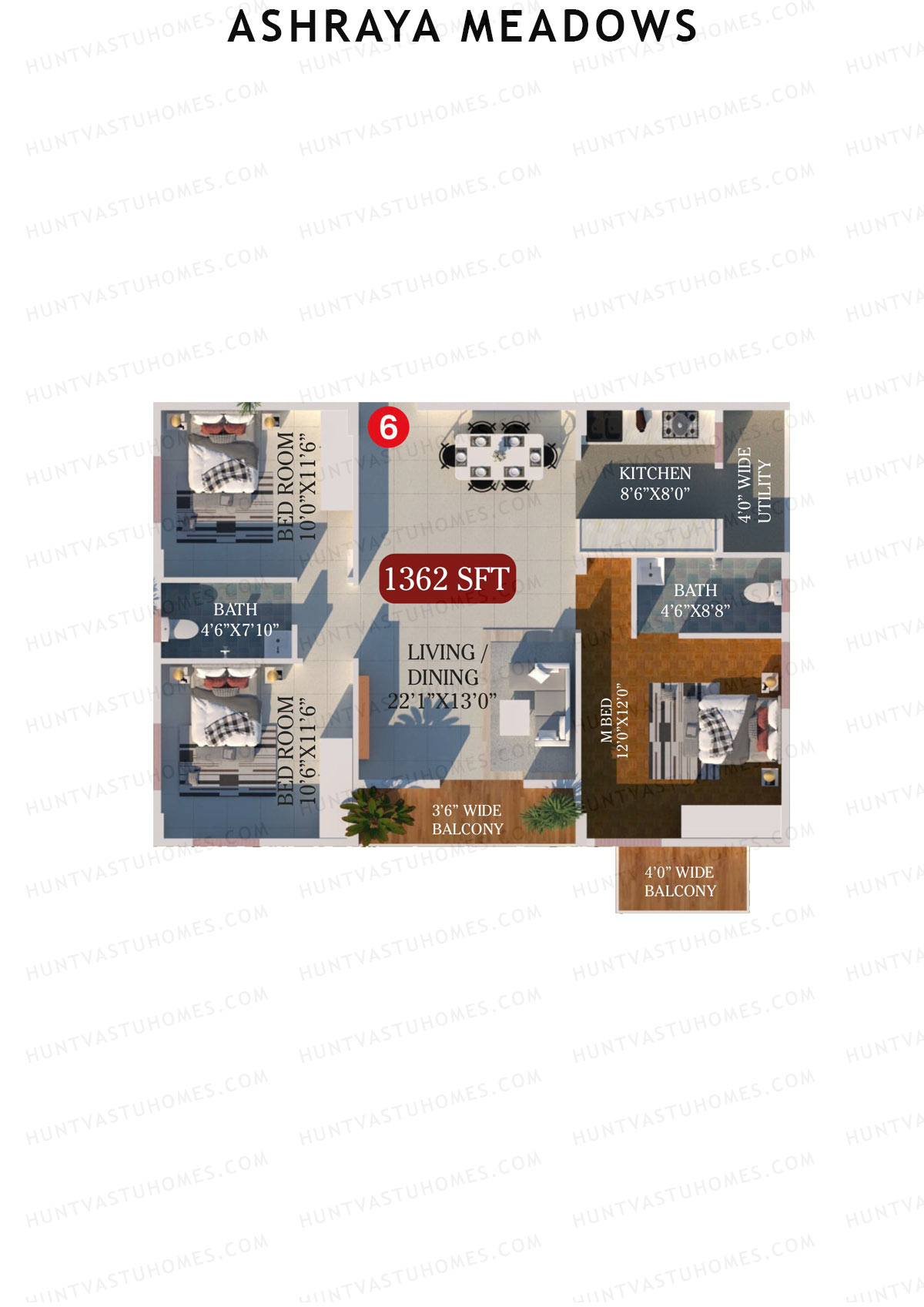 Ashraya Meadows, Block A, Unit 6, 3BHK, Super Area 1362   sq ft 