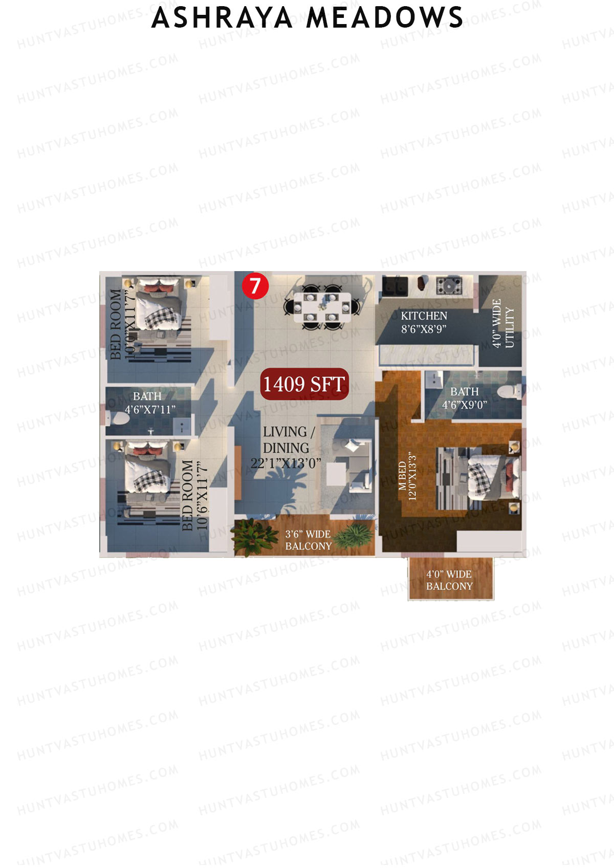 Ashraya Meadows, Block A, Unit 7, 3BHK, Super Area 1409   sq ft 