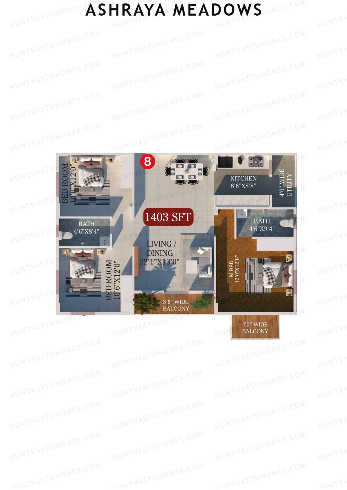 Ashraya Meadows, Block A, Unit 8, 3BHK, Super Area 1403   sq ft 