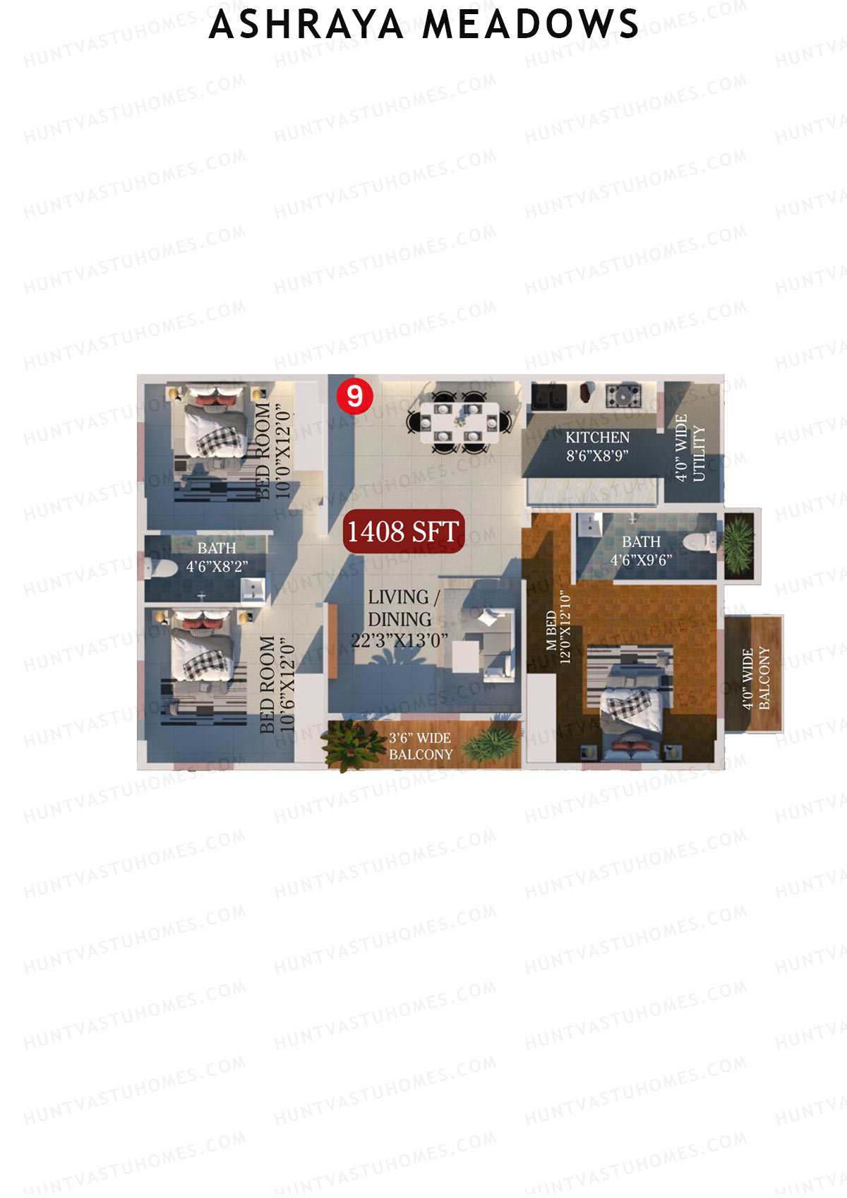 Ashraya Meadows, Block A, Unit 9, 3BHK, Super Area 1408   sq ft 