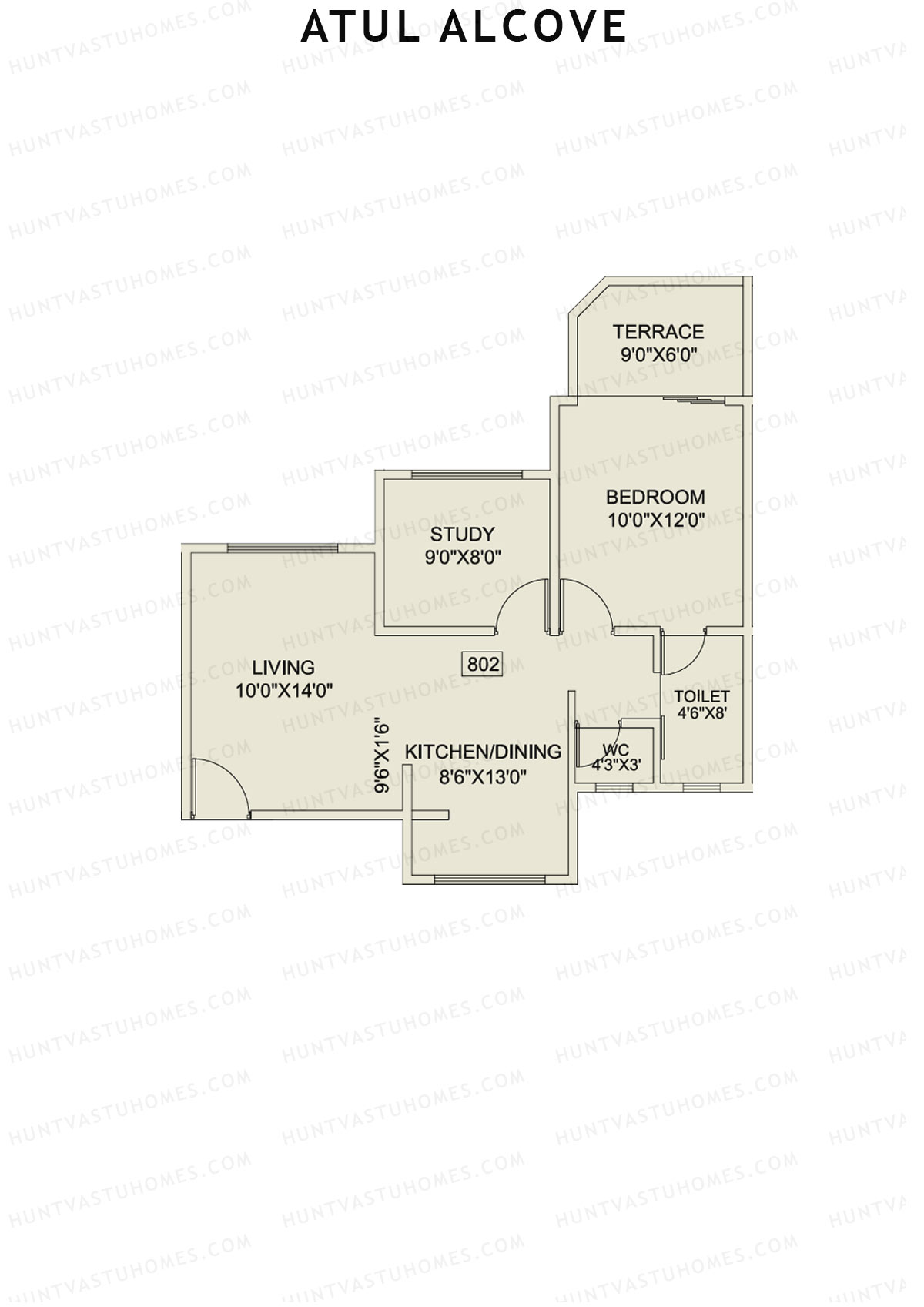 Atul Alcove, Tower B, Unit 2, 1BHK, Super Area 760   sq ft 