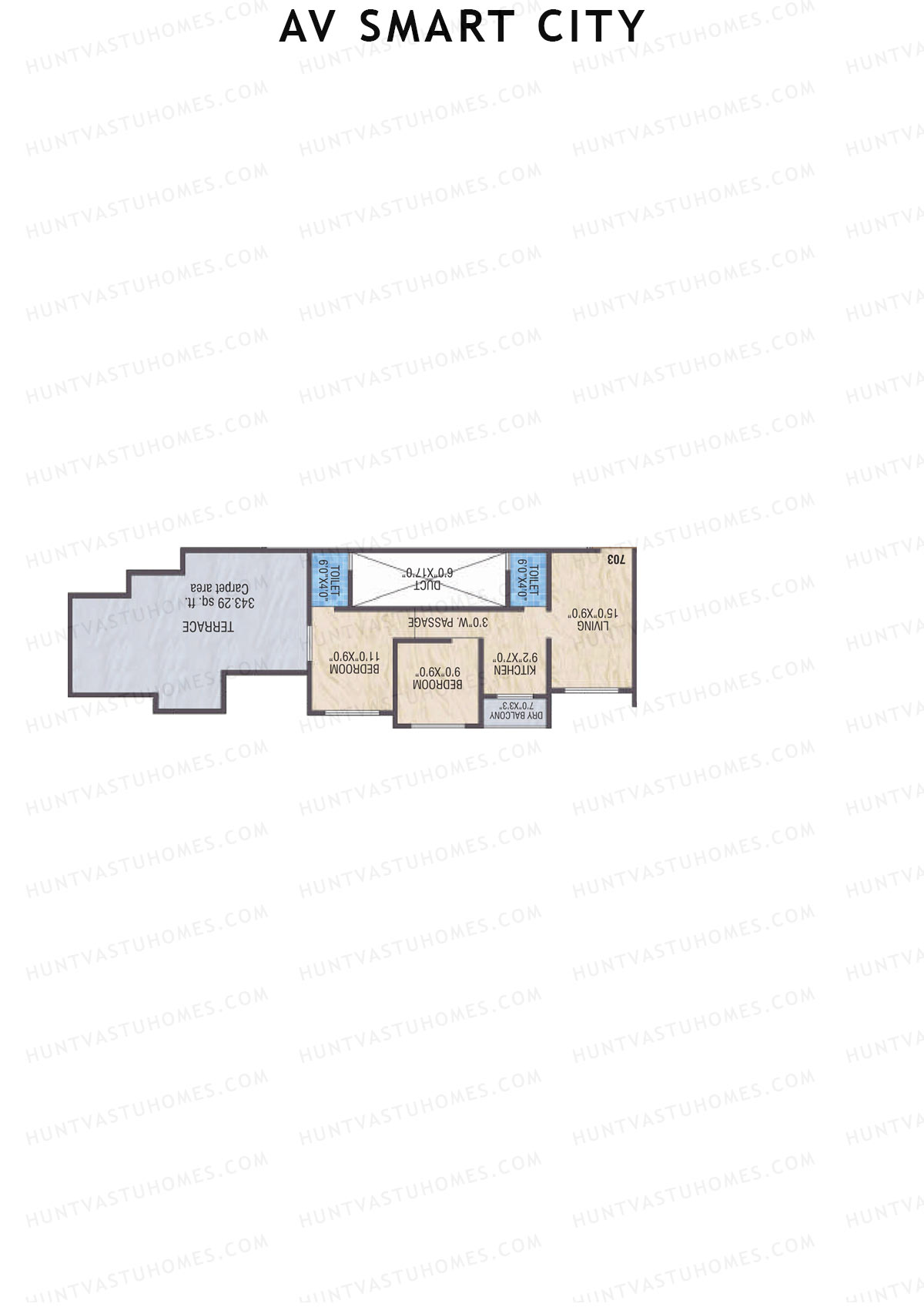 AV Smart City, Tower 2, Unit 3, 2BHK, Carpet Area 485   sq ft 