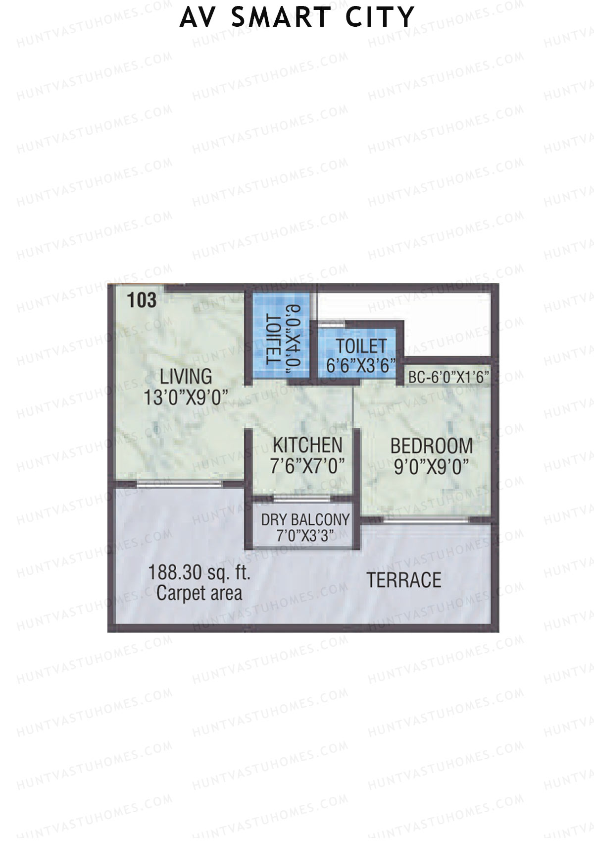 AV Smart City, Tower 4, Unit 3, 1BHK, Carpet Area 325   sq ft 