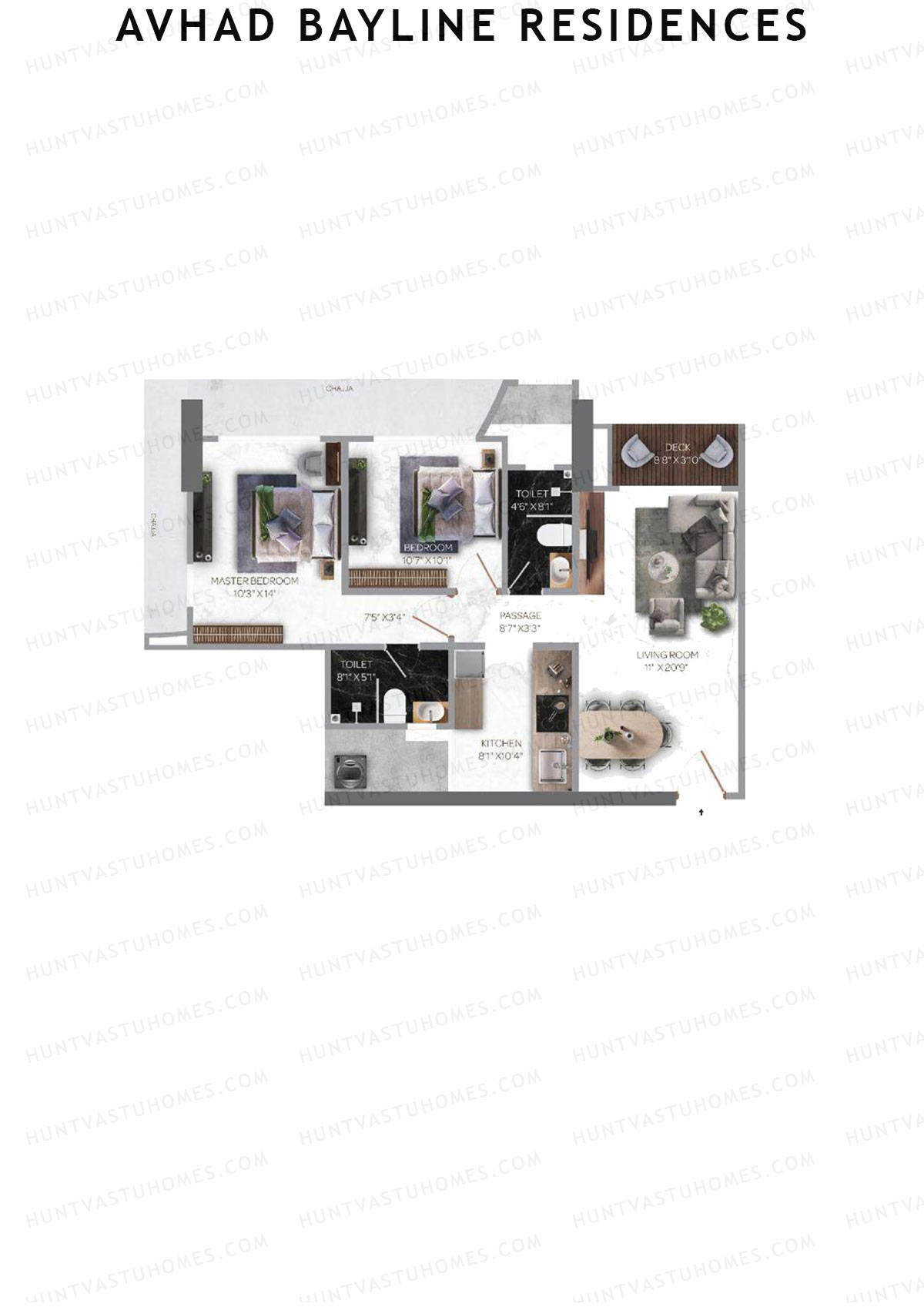 Avhad Bayline Residences, Bayline, Unit 1 (Type 1), 2BHK, Carpet Area 762   sq ft 