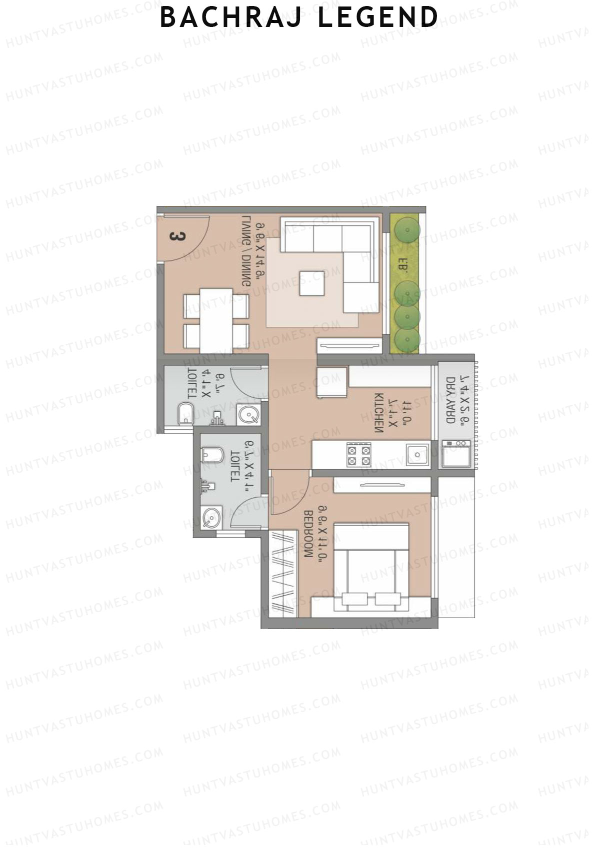Bachraj Legend, Wing A, Unit 2 (Type 1), 1BHK, Carpet Area 443   sq ft 