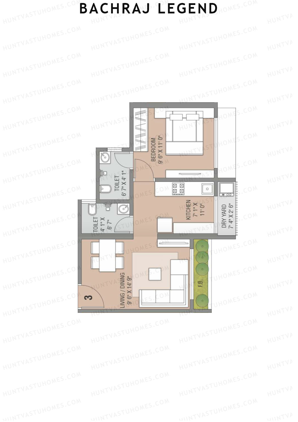 Bachraj Legend, Wing A, Unit 3 (Type 1), 1BHK, Carpet Area 443   sq ft 