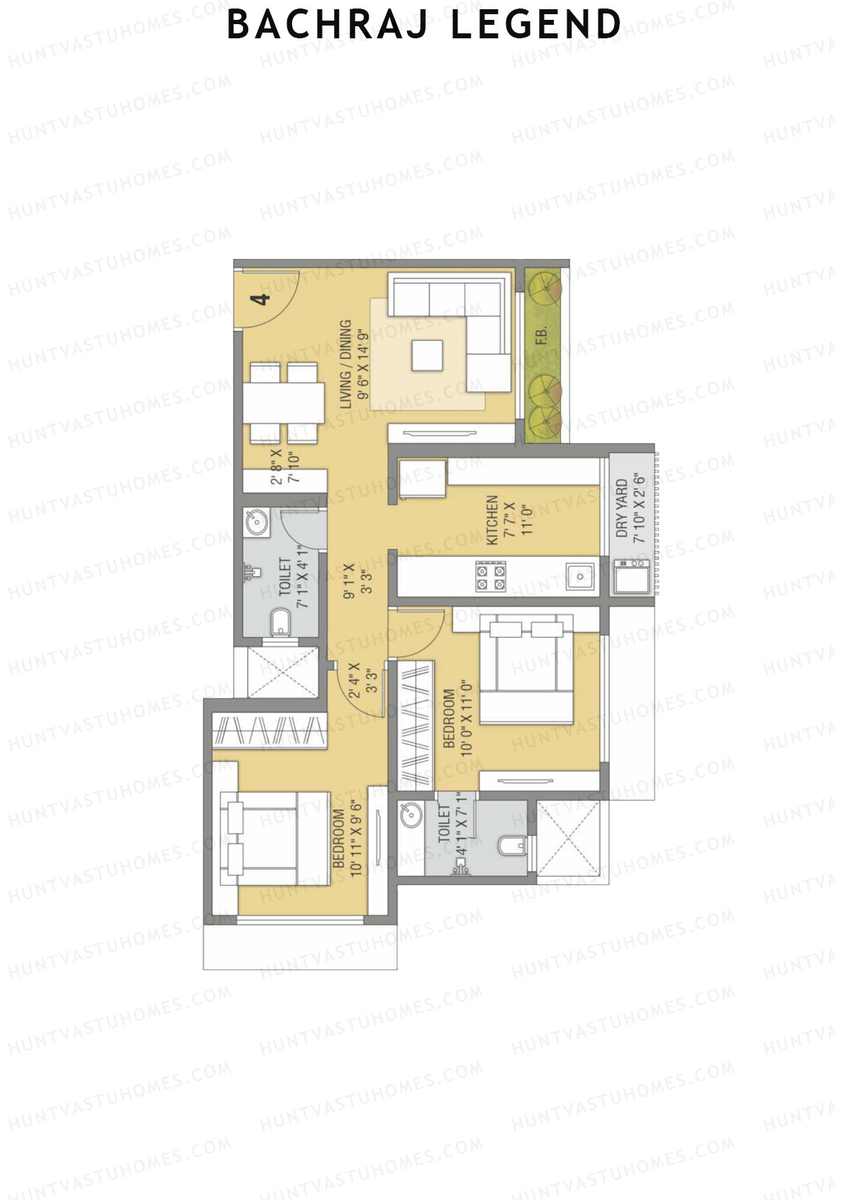 Bachraj Legend, Wing A, Unit 4 (Type 1), 2BHK, Carpet Area 628   sq ft 