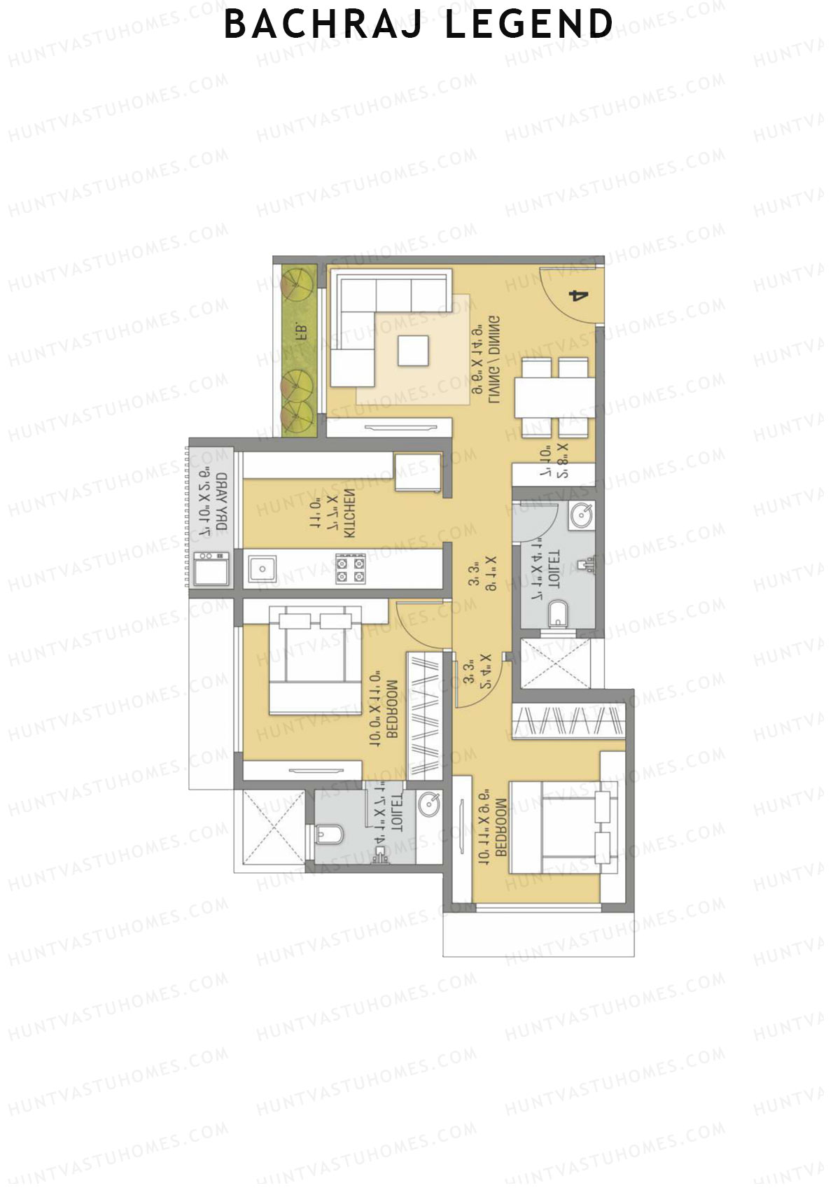 Bachraj Legend, Wing A, Unit 5 (Type 1), 2BHK, Carpet Area 628   sq ft 