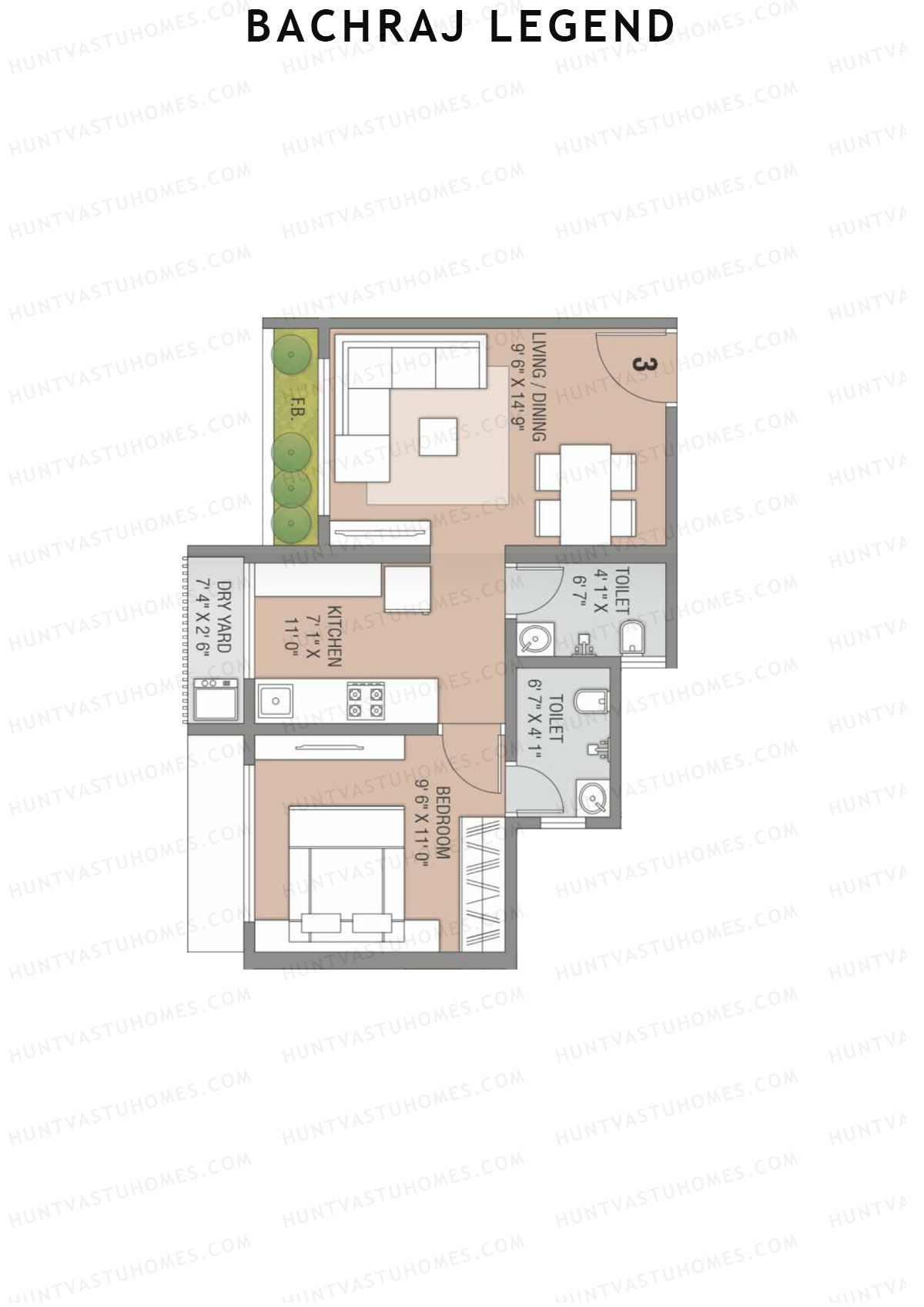 Bachraj Legend, Wing A, Unit 7 (Type 1), 1BHK, Carpet Area 443   sq ft 