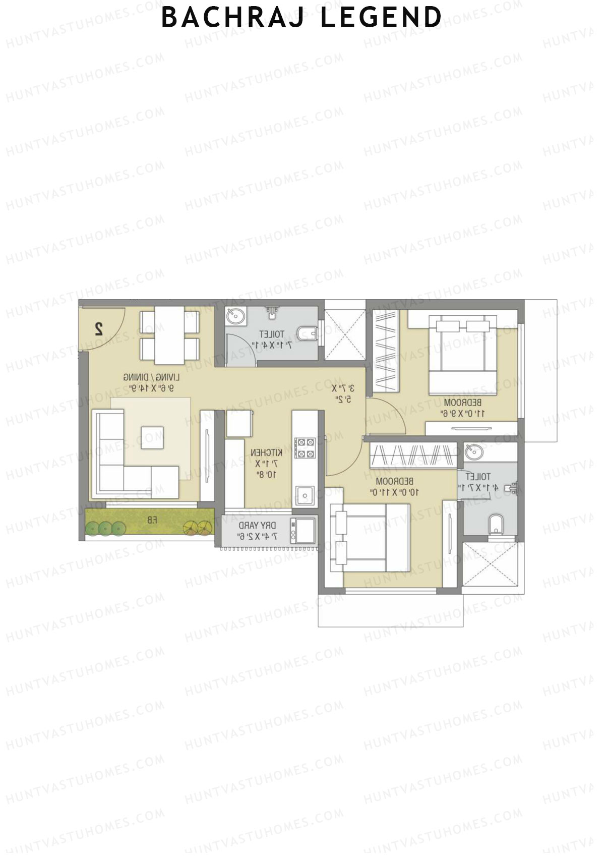Bachraj Legend, Wing B, Unit 1 (Type 2), 2BHK, Carpet Area 576   sq ft 