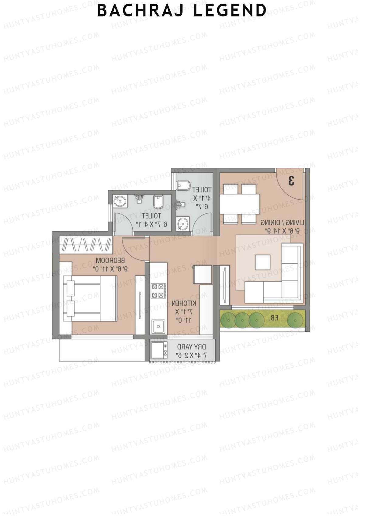 Bachraj Legend, Wing B, Unit 2 (Type 2), 1BHK, Carpet Area 443   sq ft 