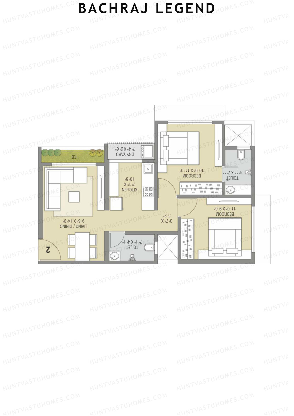 Bachraj Legend, Wing B, Unit 6 (Type 2), 2BHK, Carpet Area 576   sq ft 