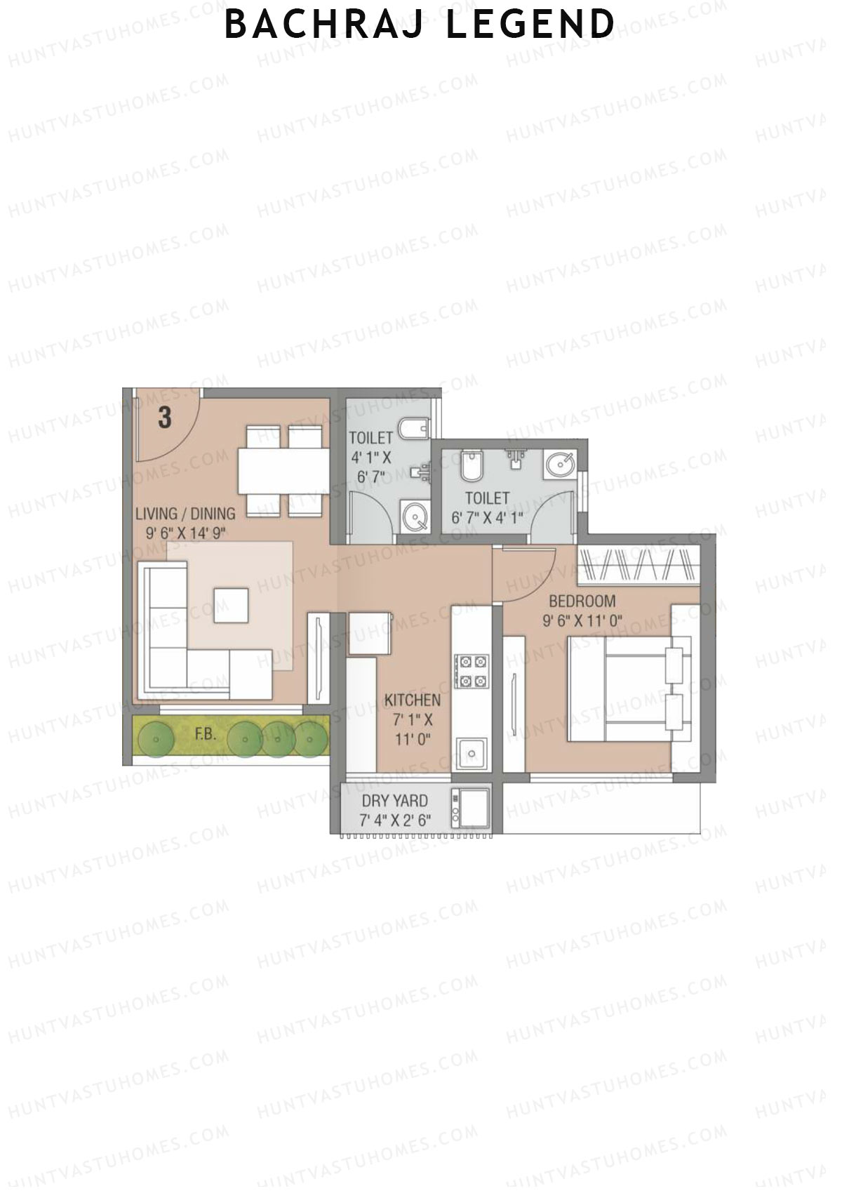 Bachraj Legend, Wing C, Unit 1 (Type 3), 1BHK, Carpet Area 443   sq ft 