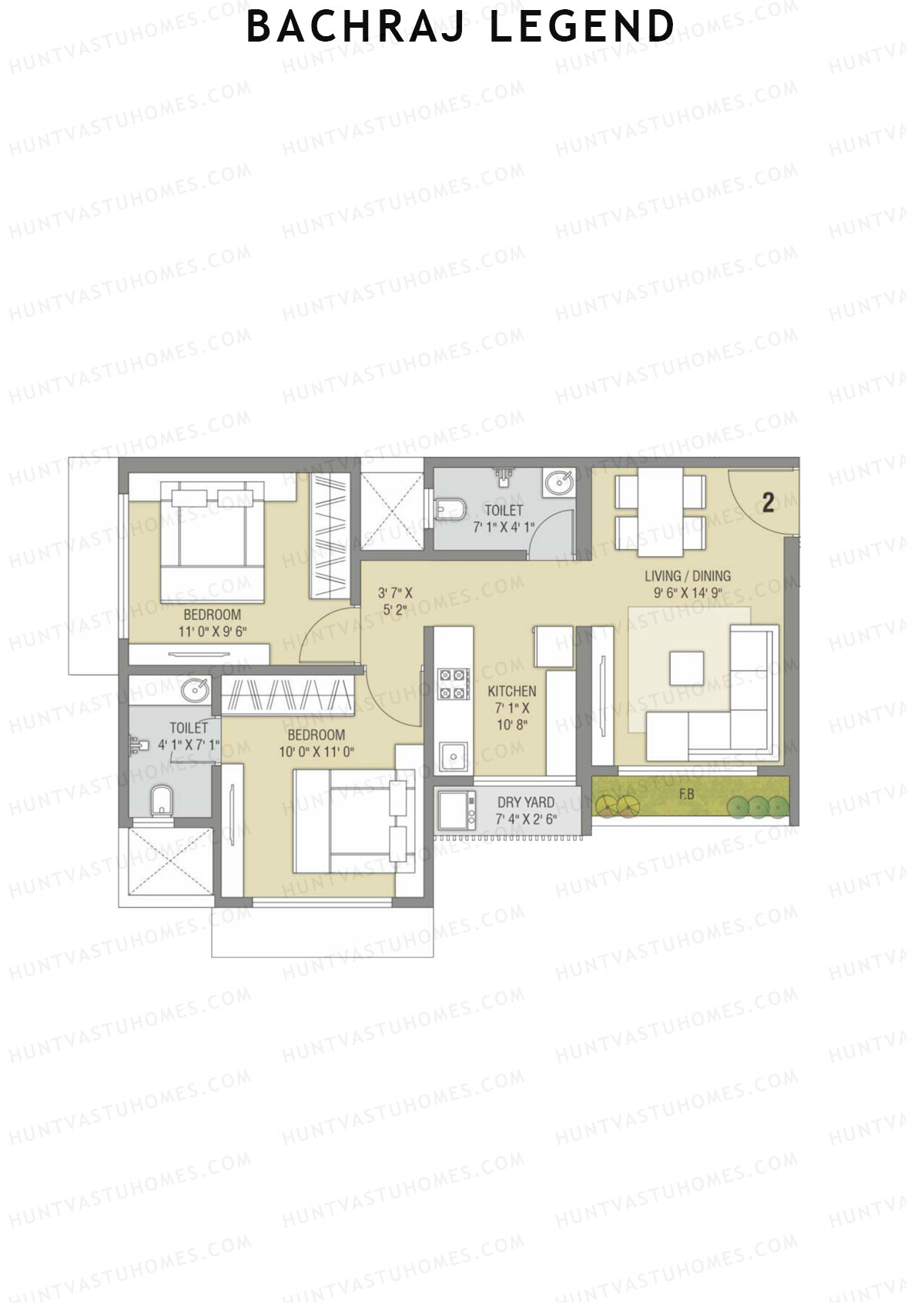 Bachraj Legend, Wing C, Unit 2 (Type 3), 2BHK, Carpet Area 576   sq ft 