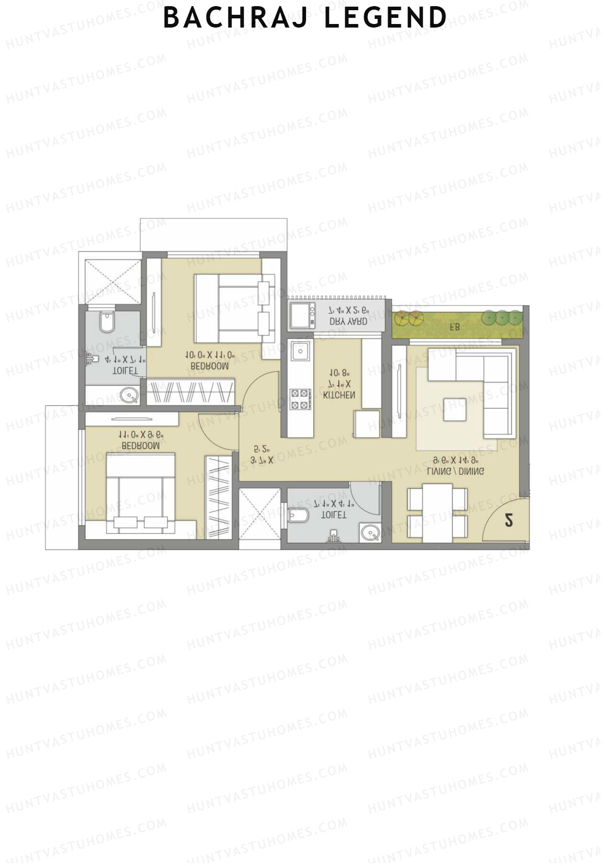 Bachraj Legend, Wing C, Unit 3 (Type 3), 2BHK, Carpet Area 576   sq ft 