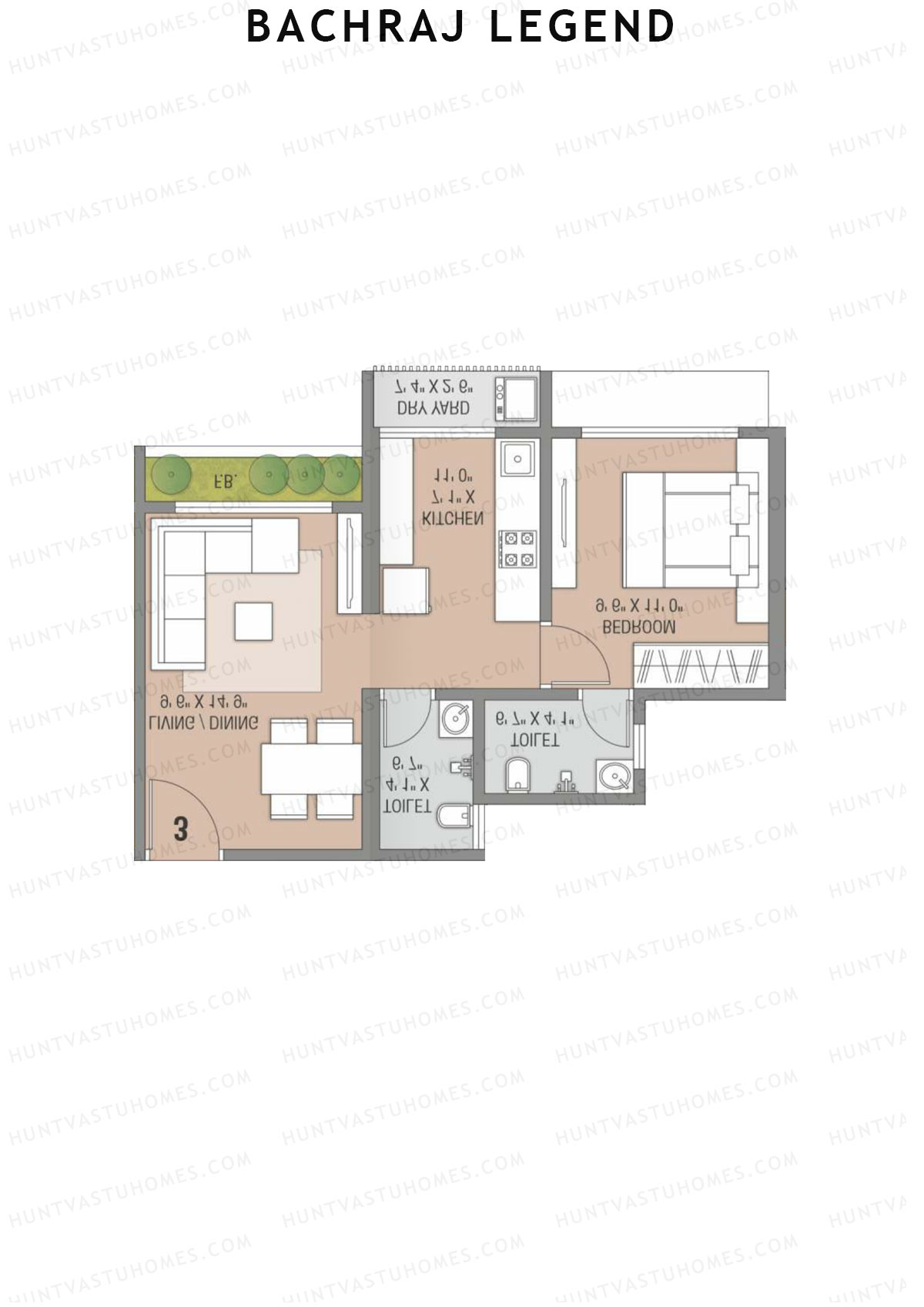 Bachraj Legend, Wing C, Unit 4 (Type 3), 1BHK, Carpet Area 443   sq ft 
