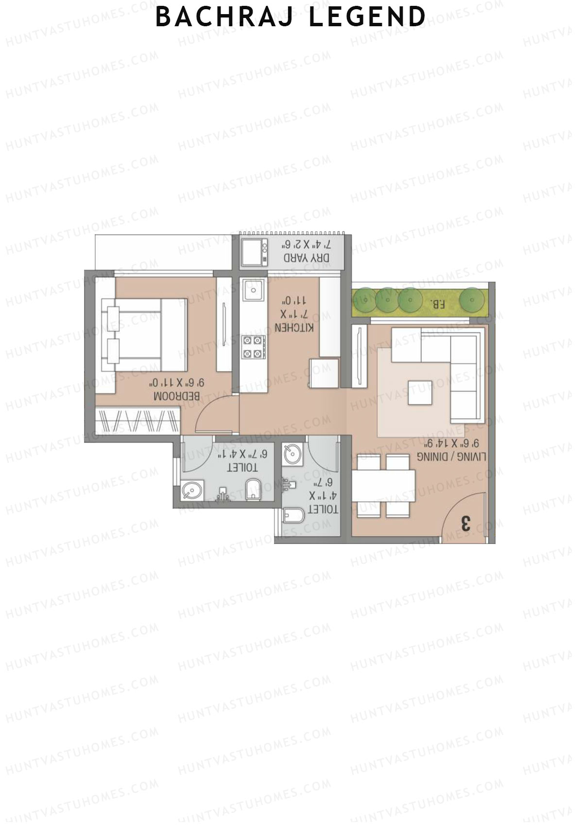 Bachraj Legend, Wing C, Unit 5 (Type 3), 1BHK, Carpet Area 443   sq ft 
