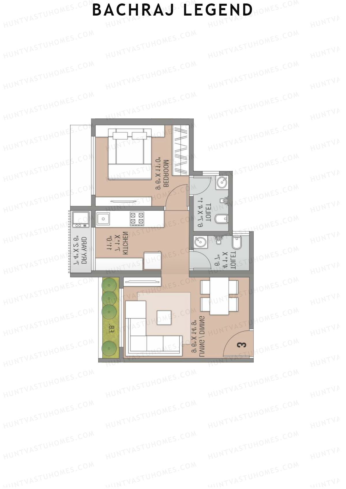 Bachraj Legend, Wing D, Unit 6 (Type 4), 1BHK, Carpet Area 443   sq ft 